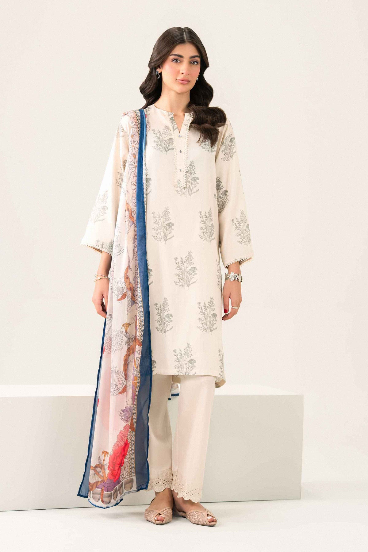 Off White 3-Piece Printed Embroidered Suit in Satin ready-to-wear