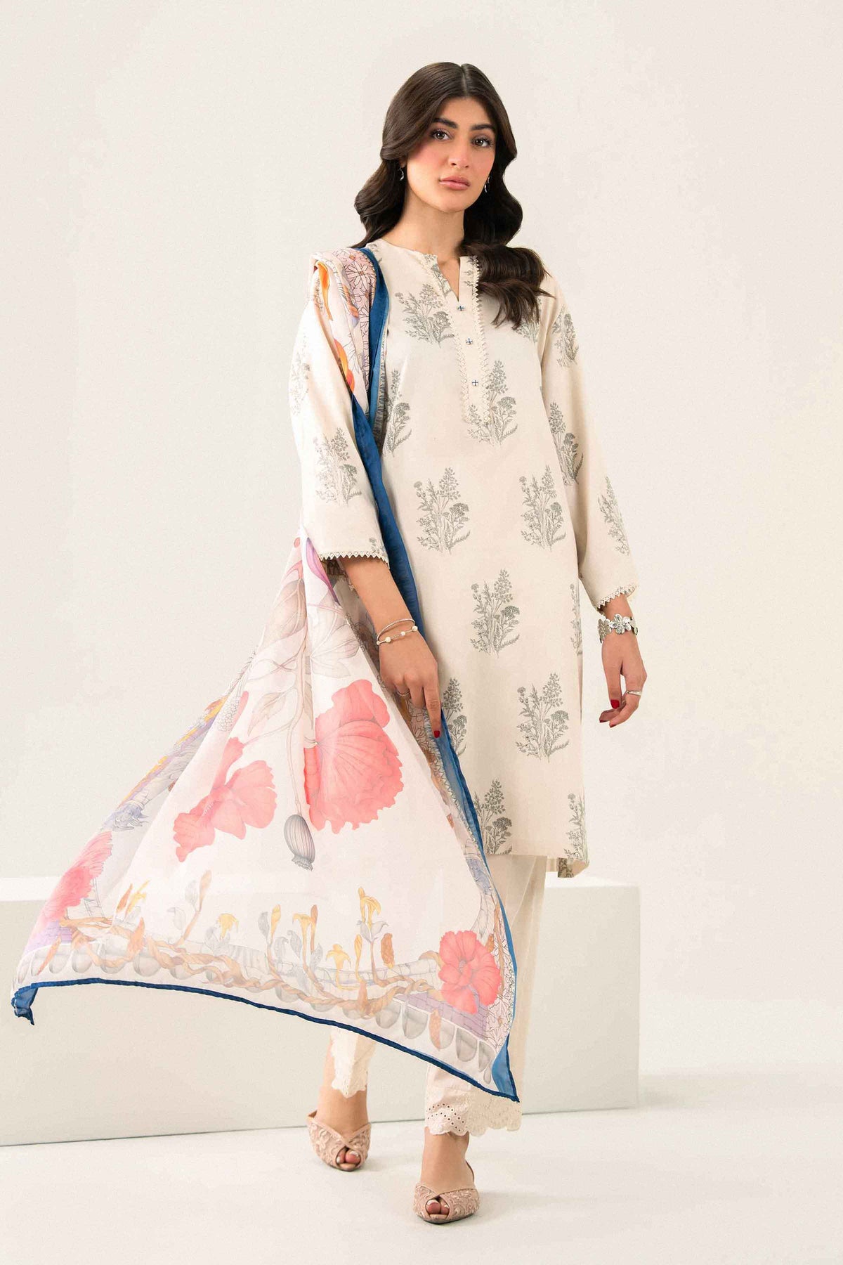 Off White 3-Piece Printed Embroidered Suit in Satin ready-to-wear