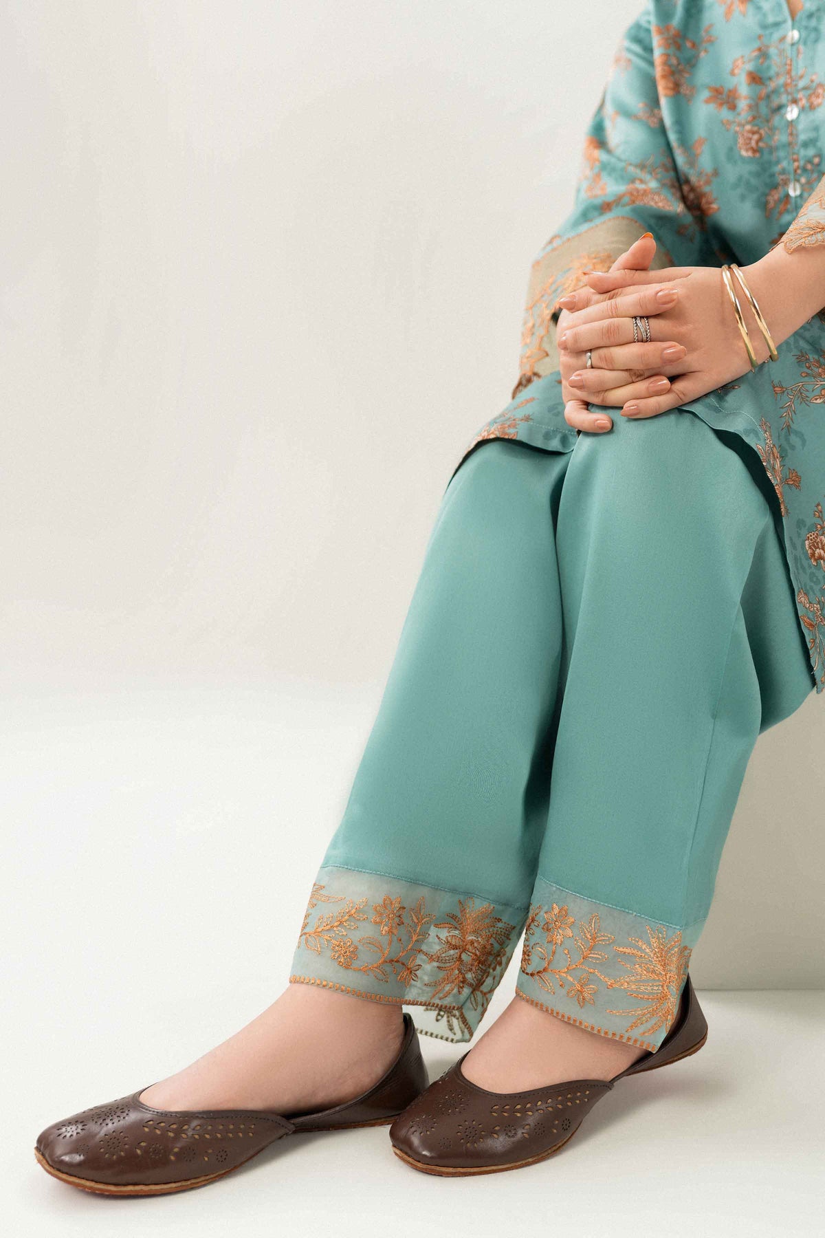 Green 3-Piece Printed Embroidered Suit in Satin ready-to-wear