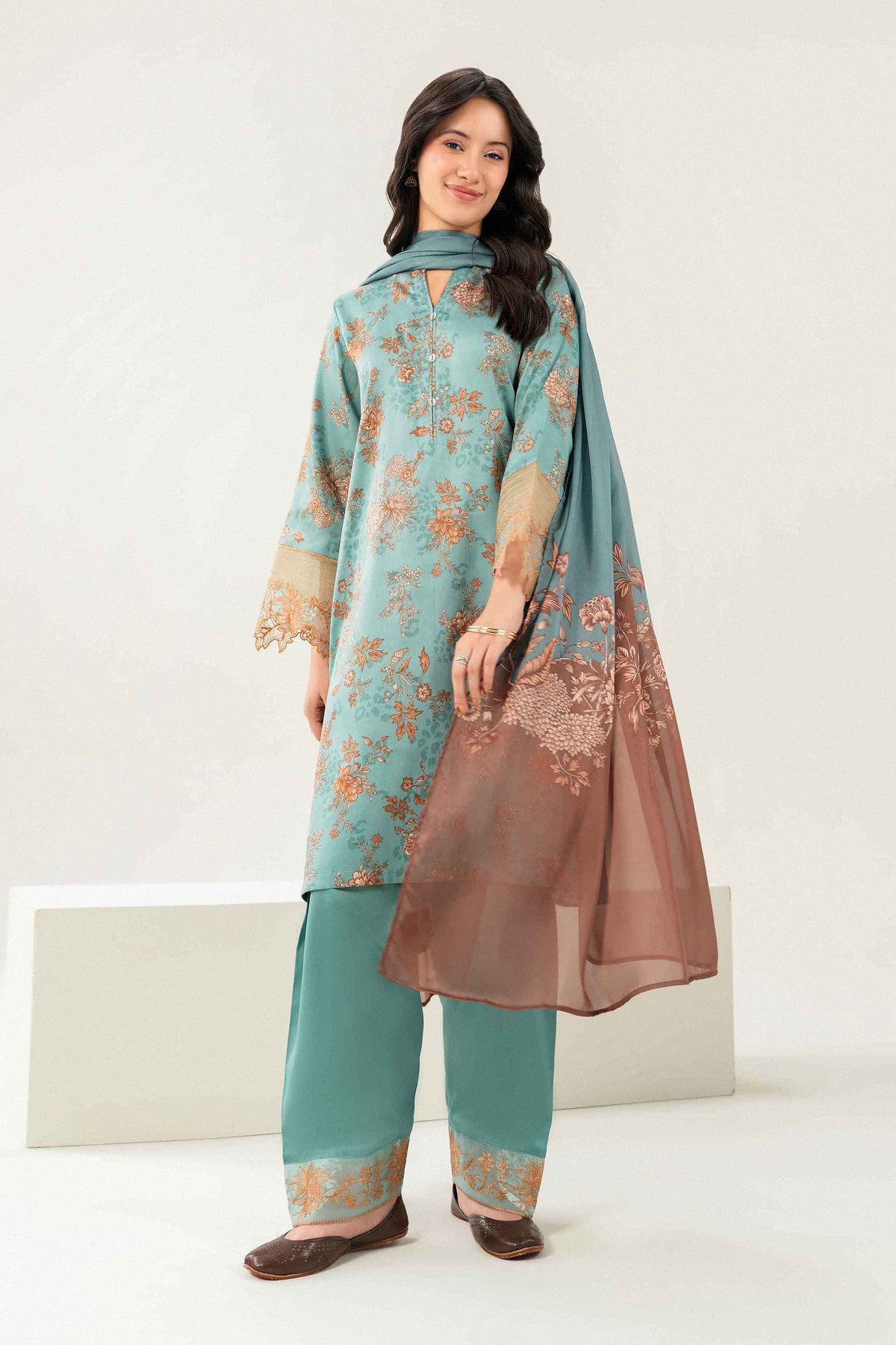 Green 3-Piece Printed Embroidered Suit in Satin ready-to-wear