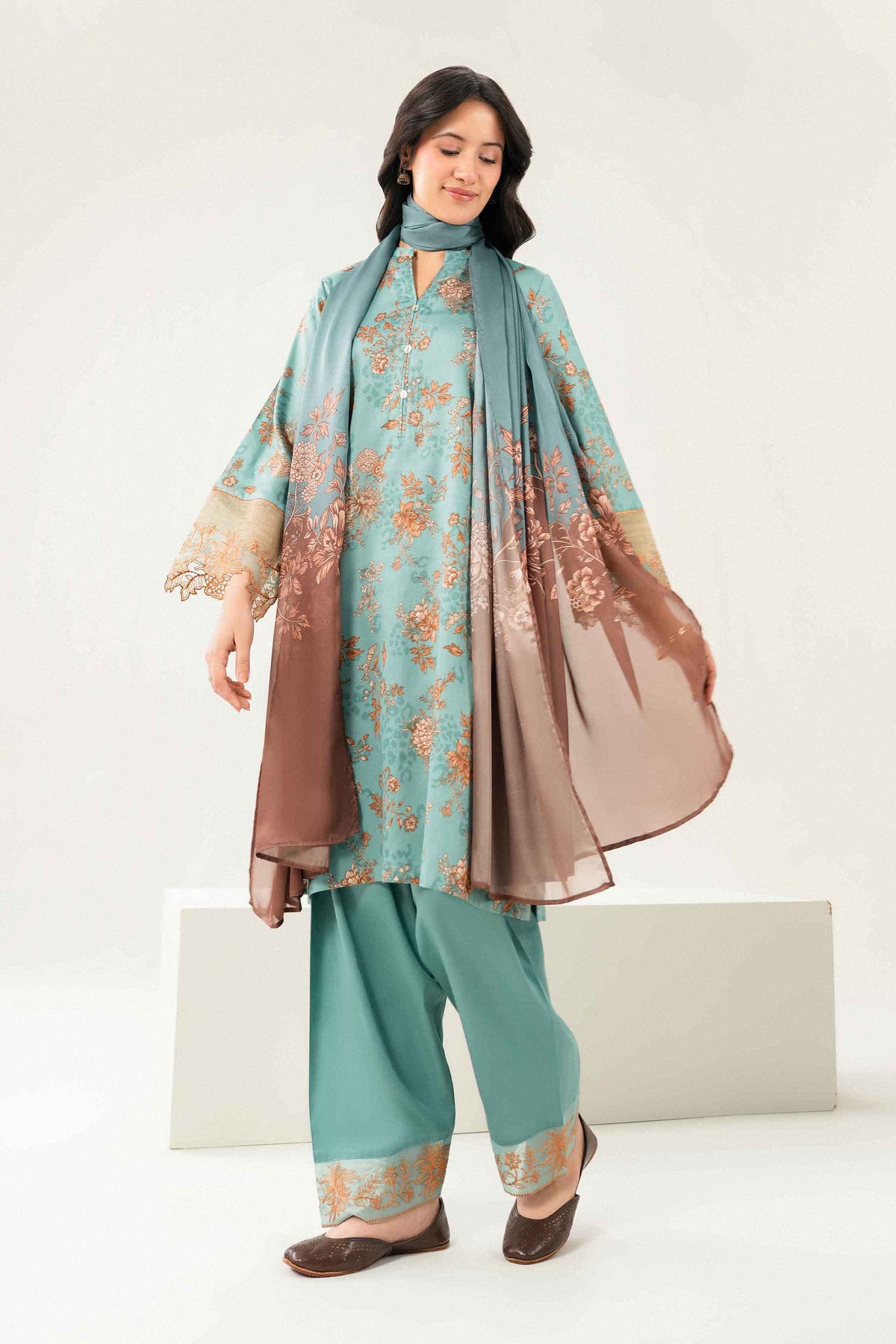 Green 3-Piece Printed Embroidered Suit in Satin ready-to-wear
