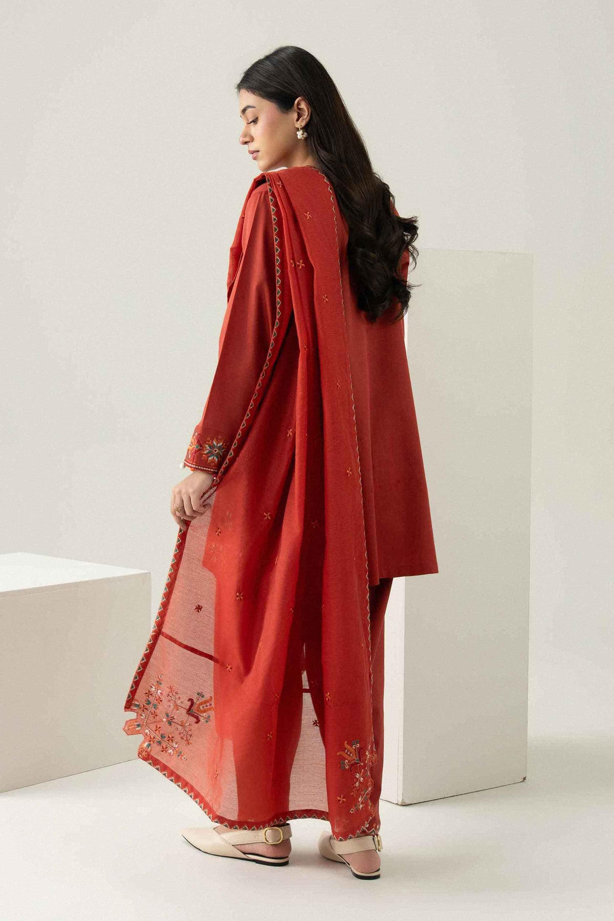 Orange 3-Piece Embroidered Suit in Karandi ready-to-wear