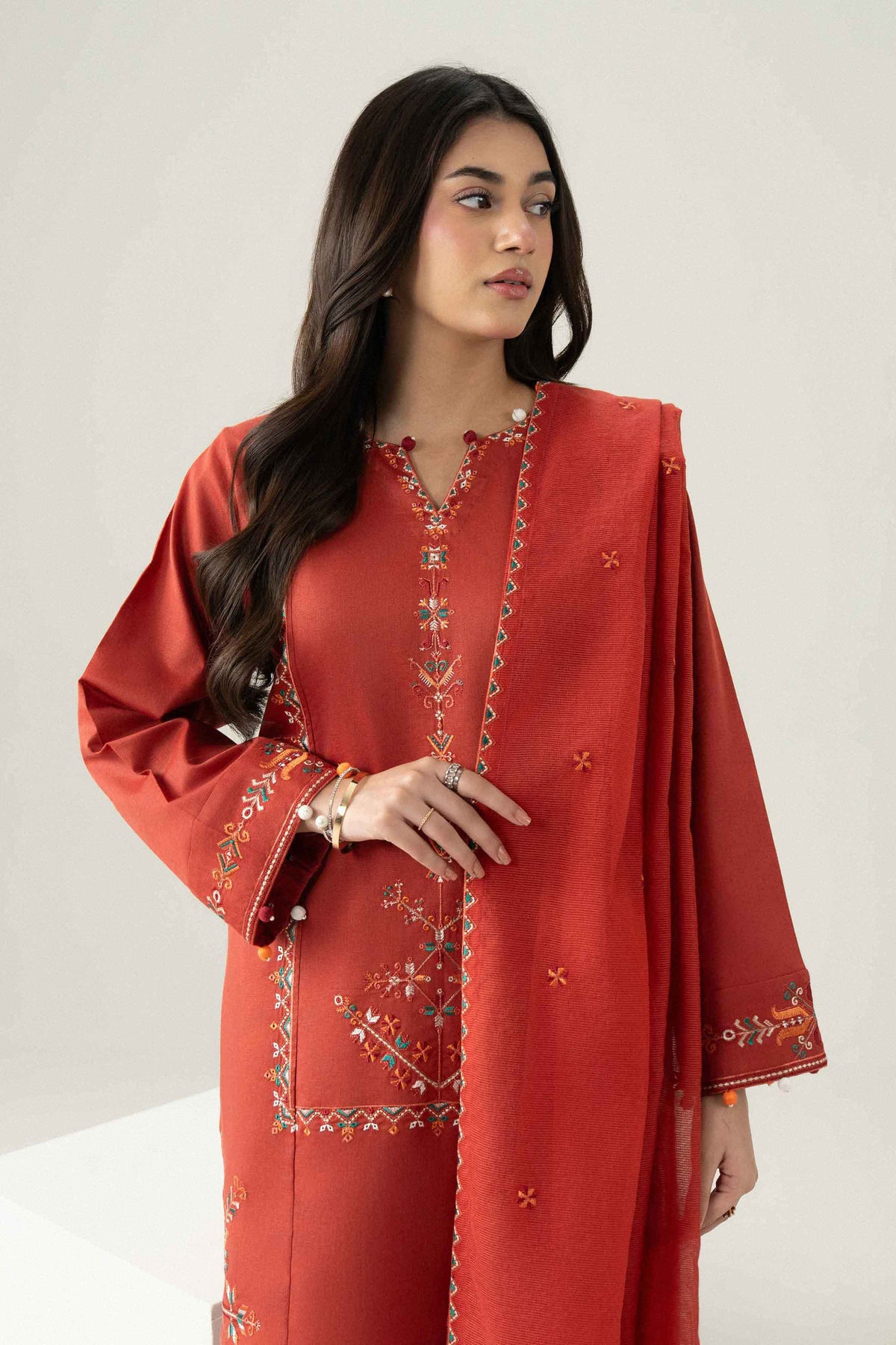 Orange 3-Piece Embroidered Suit in Karandi ready-to-wear