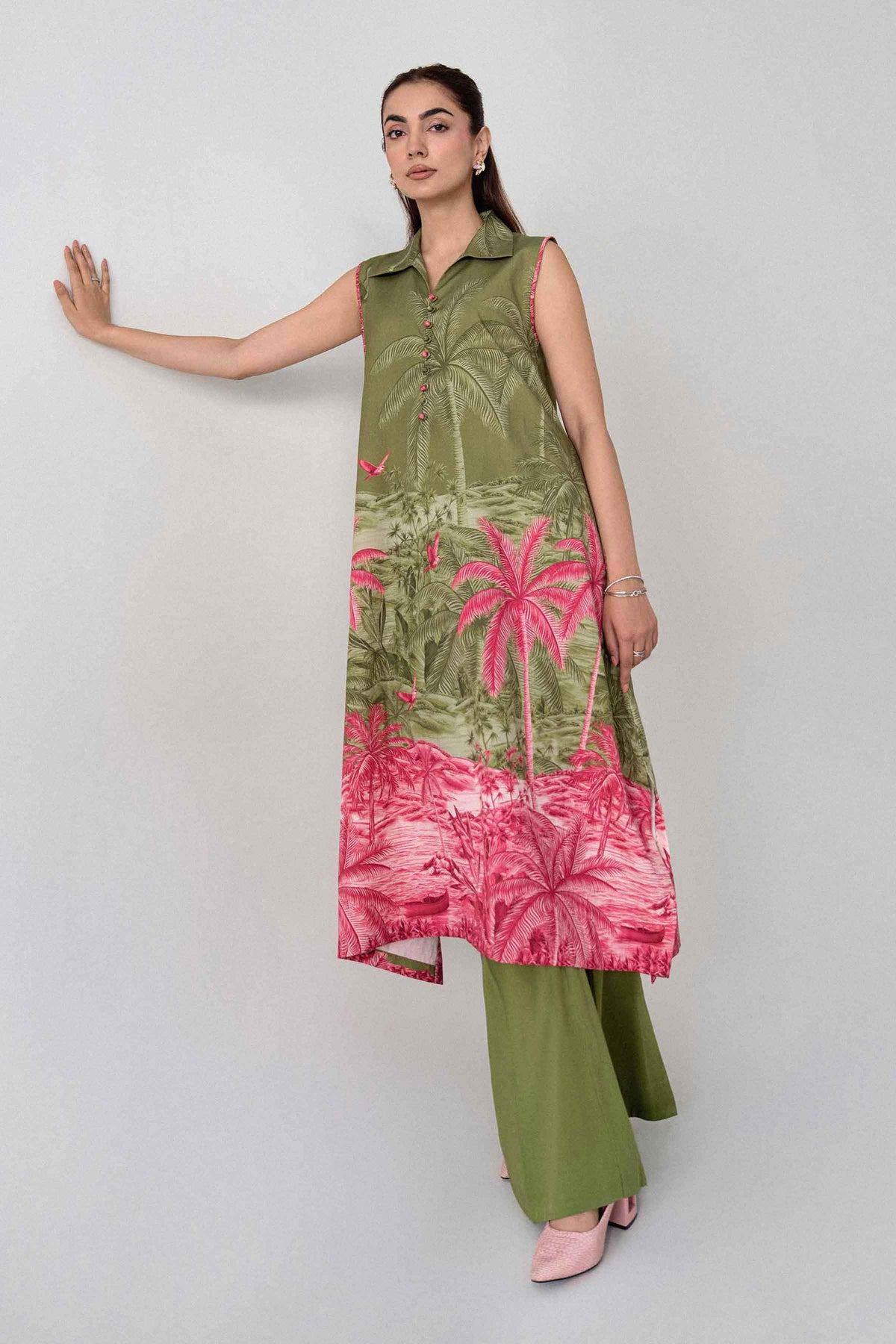 Green 2-Piece Digital Printed Suit in Cotton unstitched