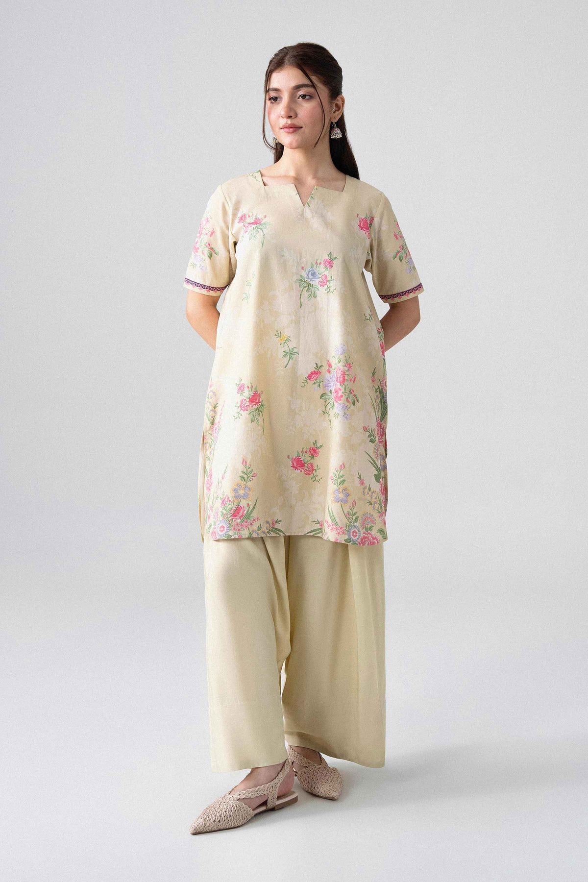 Beige 2-Piece Digital Printed Suit in Cotton unstitched