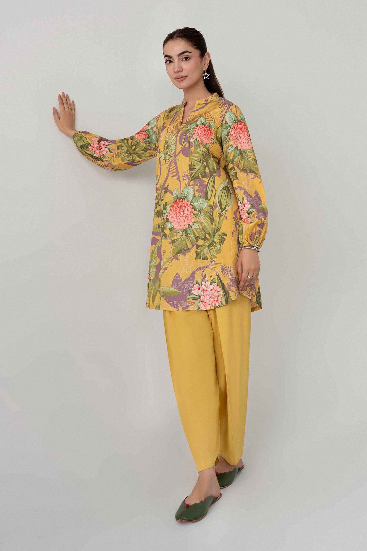 Yellow 2-Piece Digital Printed Suit in Cotton unstitched