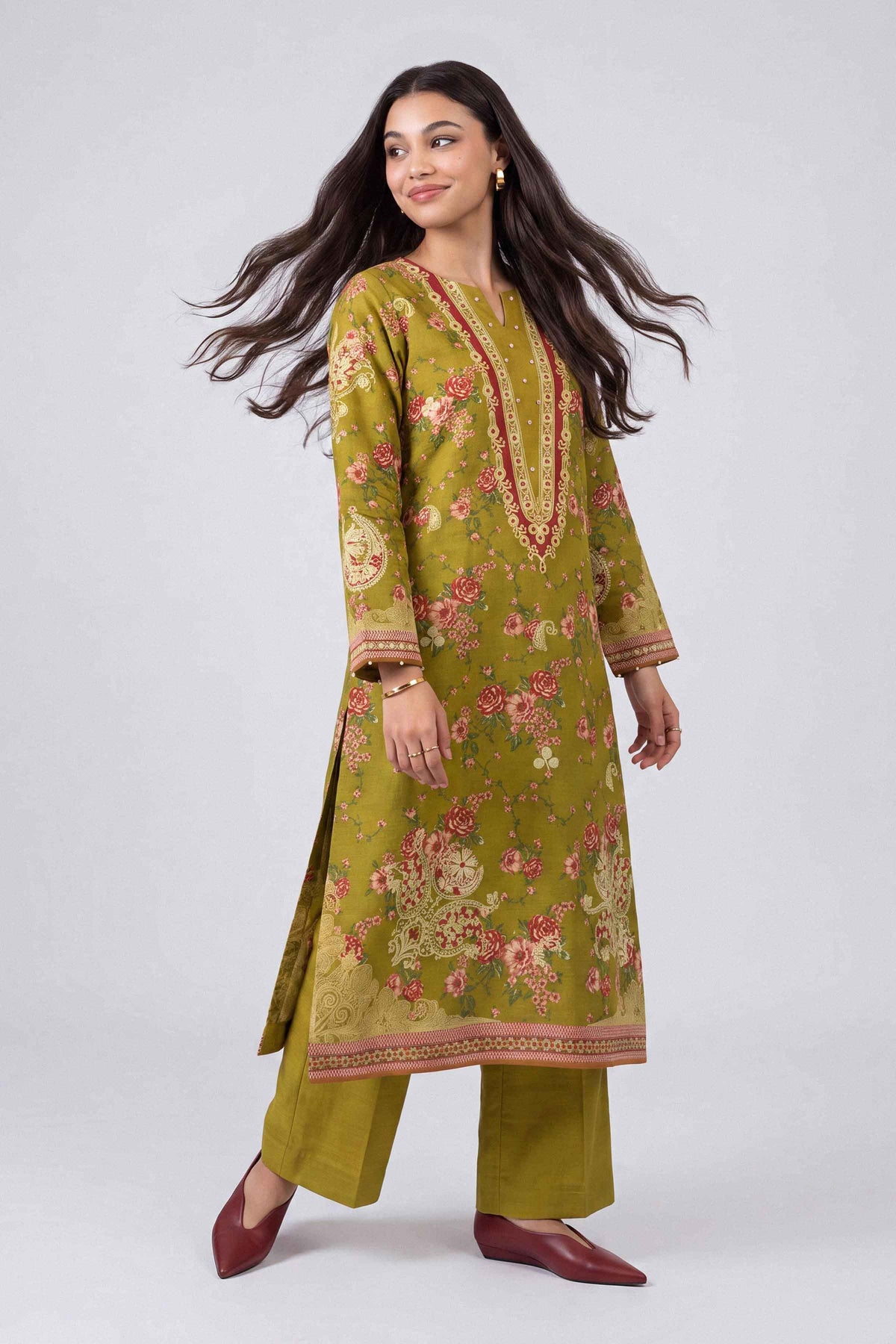 Green 2-Piece Digital Printed Suit in Khaddar unstitched