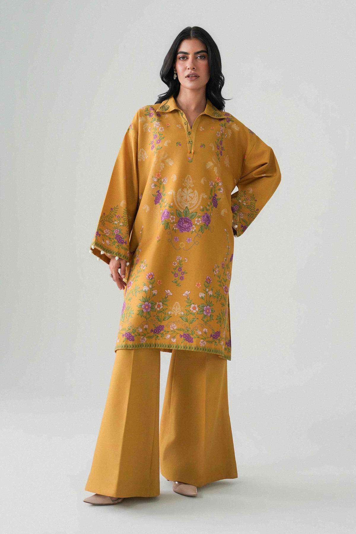 Yellow 2-Piece Digital Printed Suit in Khaddar unstitched