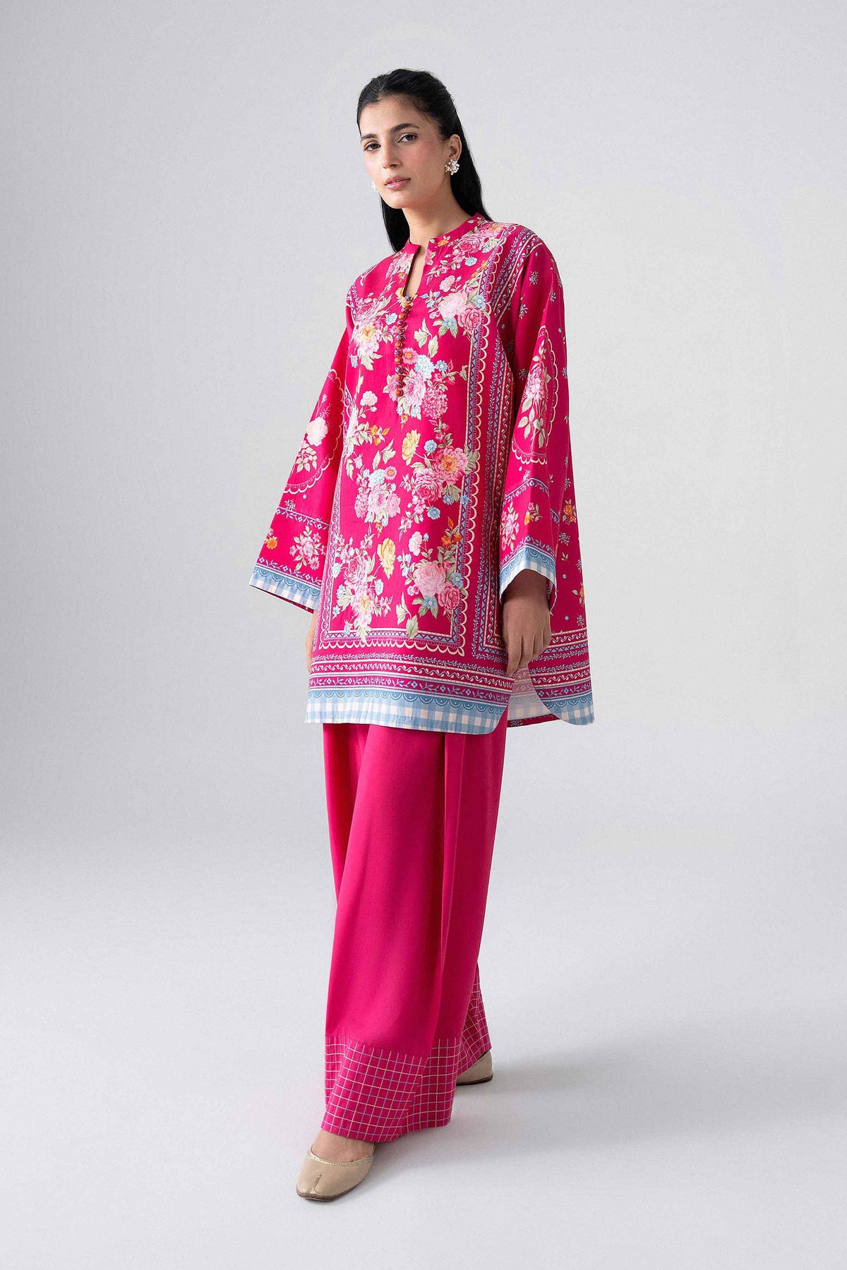 Pink 2-Piece Digital Printed Suit in Cotton unstitched