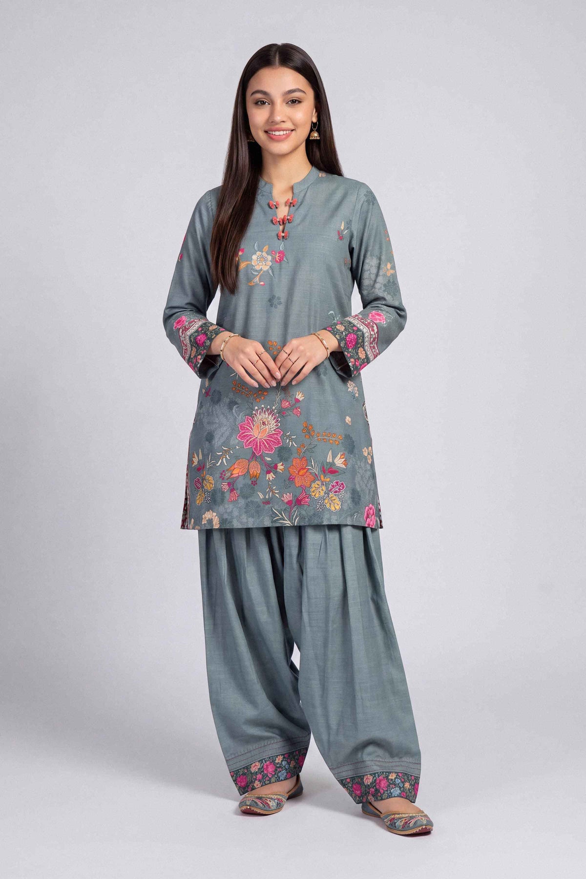 Grey 2-Piece Digital Printed Suit in Khaddar unstitched