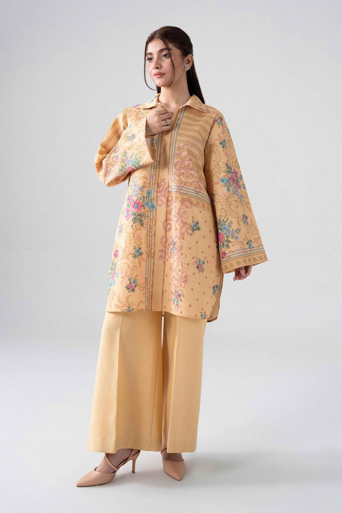 Yellow 2-Piece Digital Printed Suit in Cotton unstitched