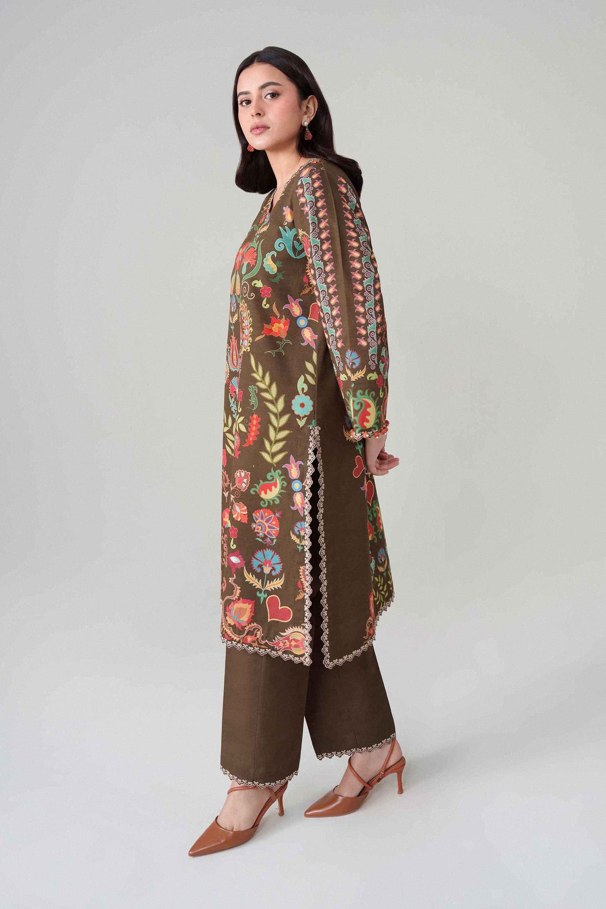 Brown 2-Piece Digital Printed Embroidered Suit in Khaddar unstitched