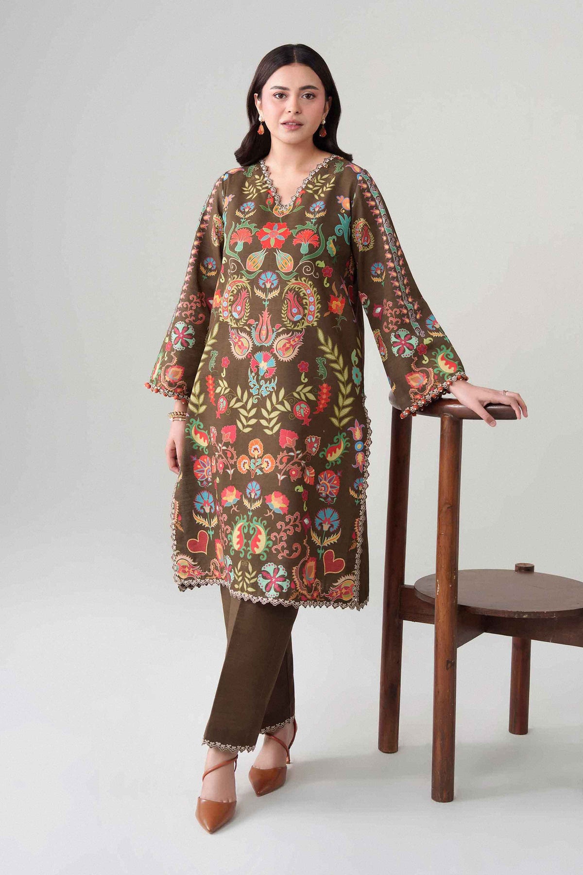 Brown 2-Piece Digital Printed Embroidered Suit in Khaddar unstitched