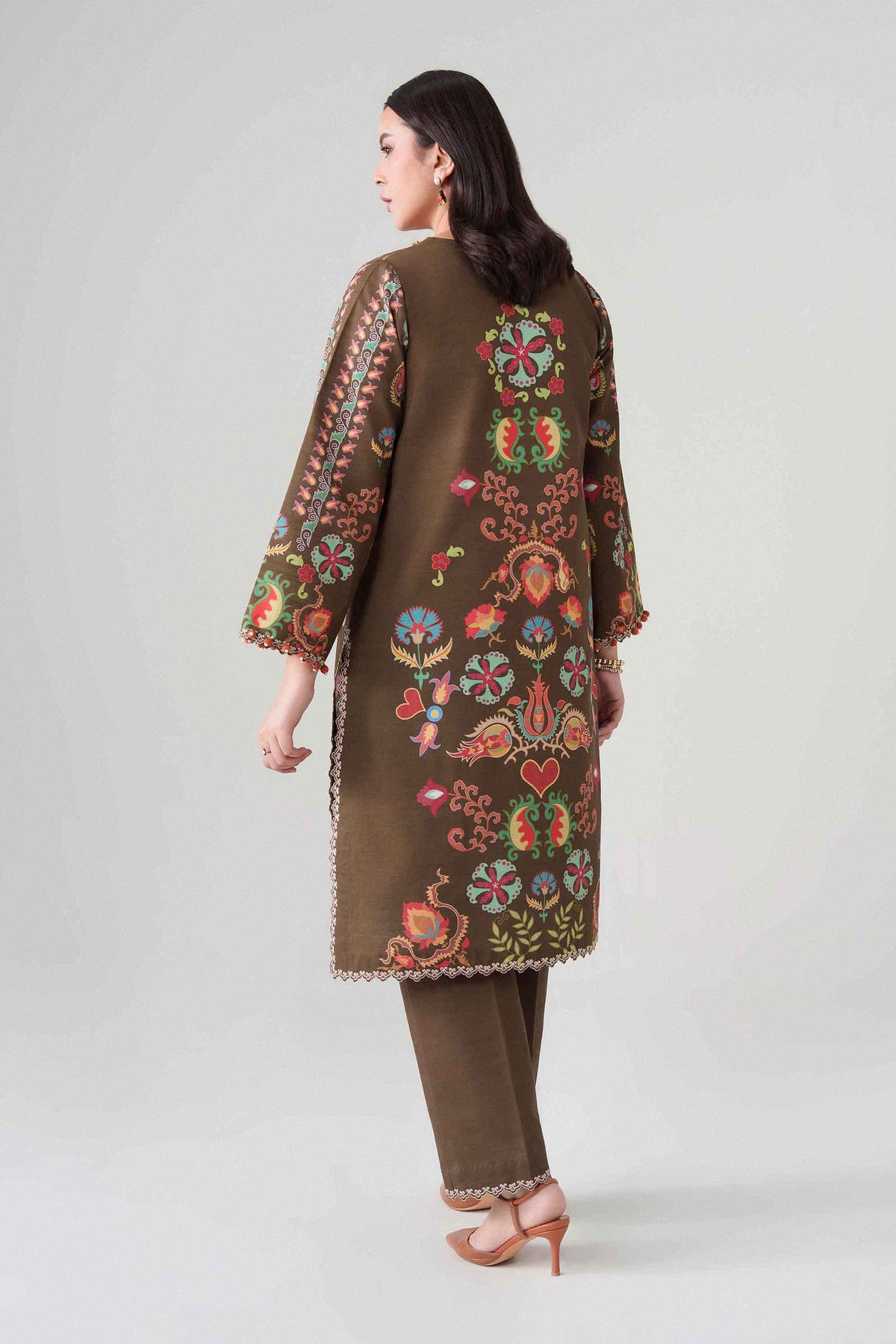 Brown 2-Piece Digital Printed Embroidered Suit in Khaddar unstitched