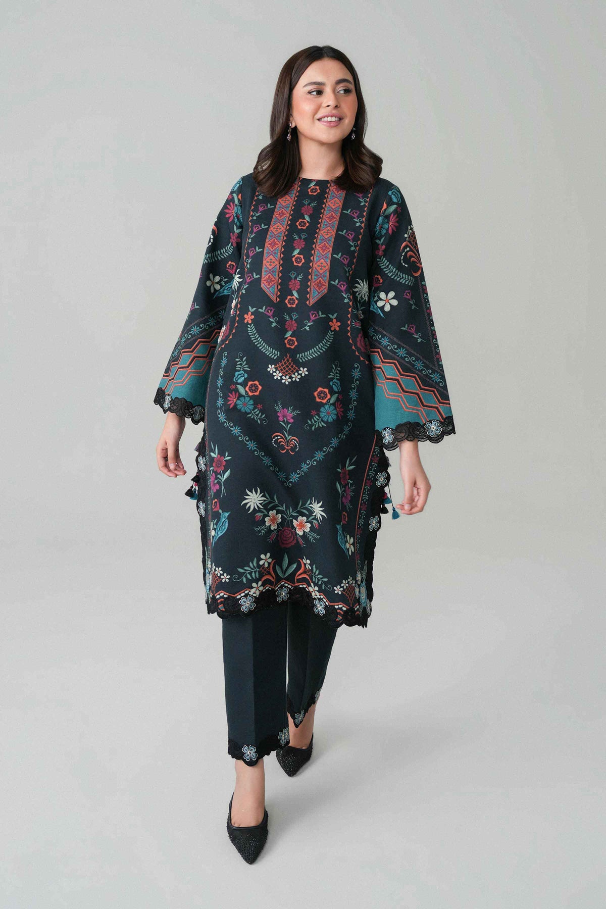 Black 2-Piece Digital Printed Embroidered Suit in Khaddar unstitched