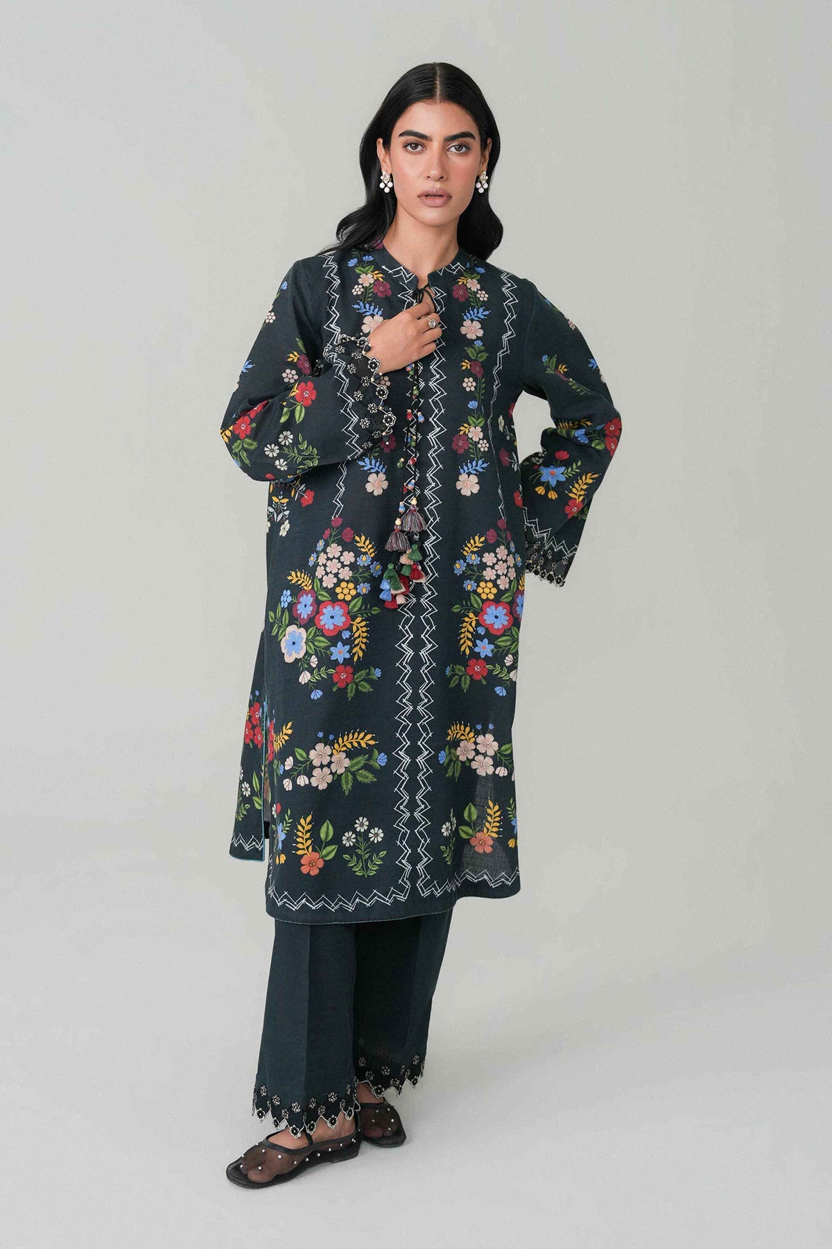 Black 2-Piece Digital Printed Embroidered Suit in Khaddar unstitched