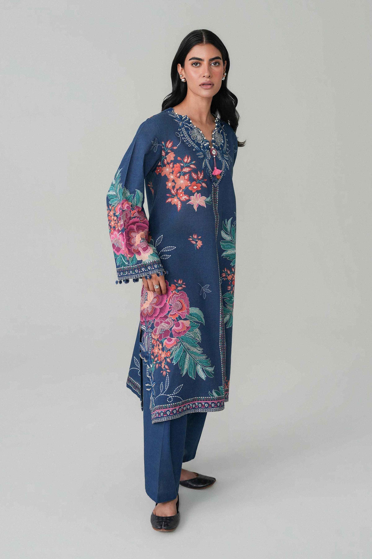 Blue 2-Piece Digital Printed Embroidered Suit in Khaddar unstitched