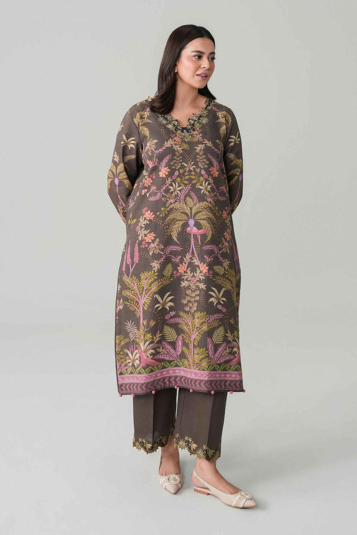 Brown 2-Piece Digital Printed Embroidered Suit in Khaddar unstitched