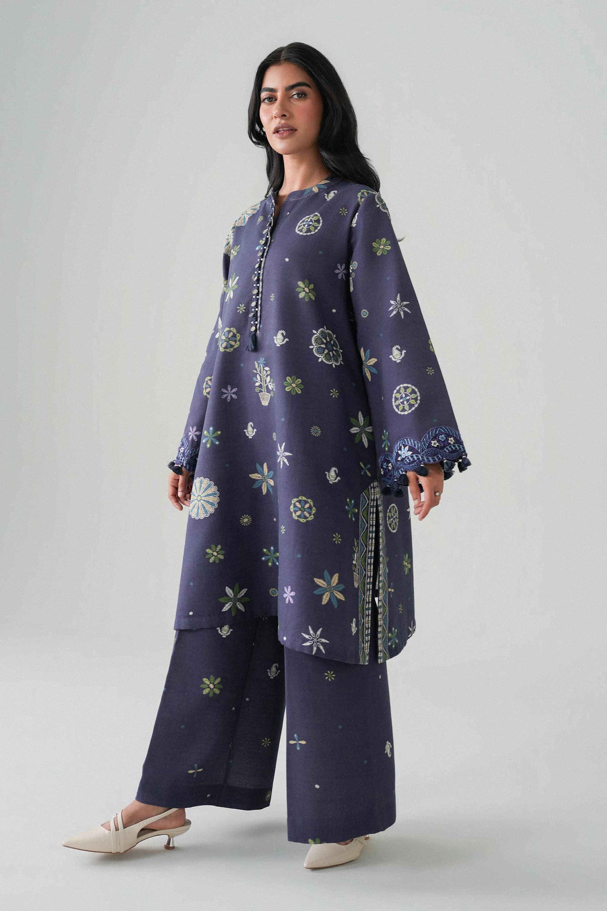 Purple 2-Piece Printed Embroidered Suit in Khaddar unstitched