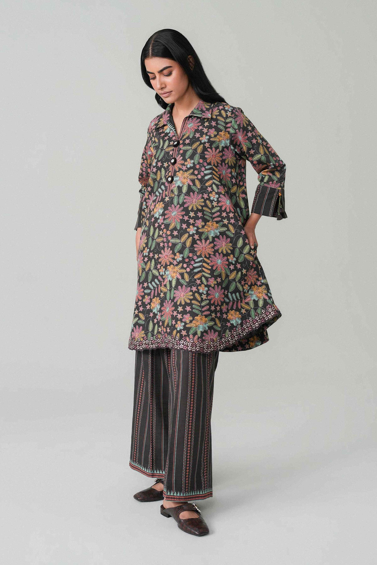 Brown 2-Piece Printed Embroidered Suit in Khaddar unstitched