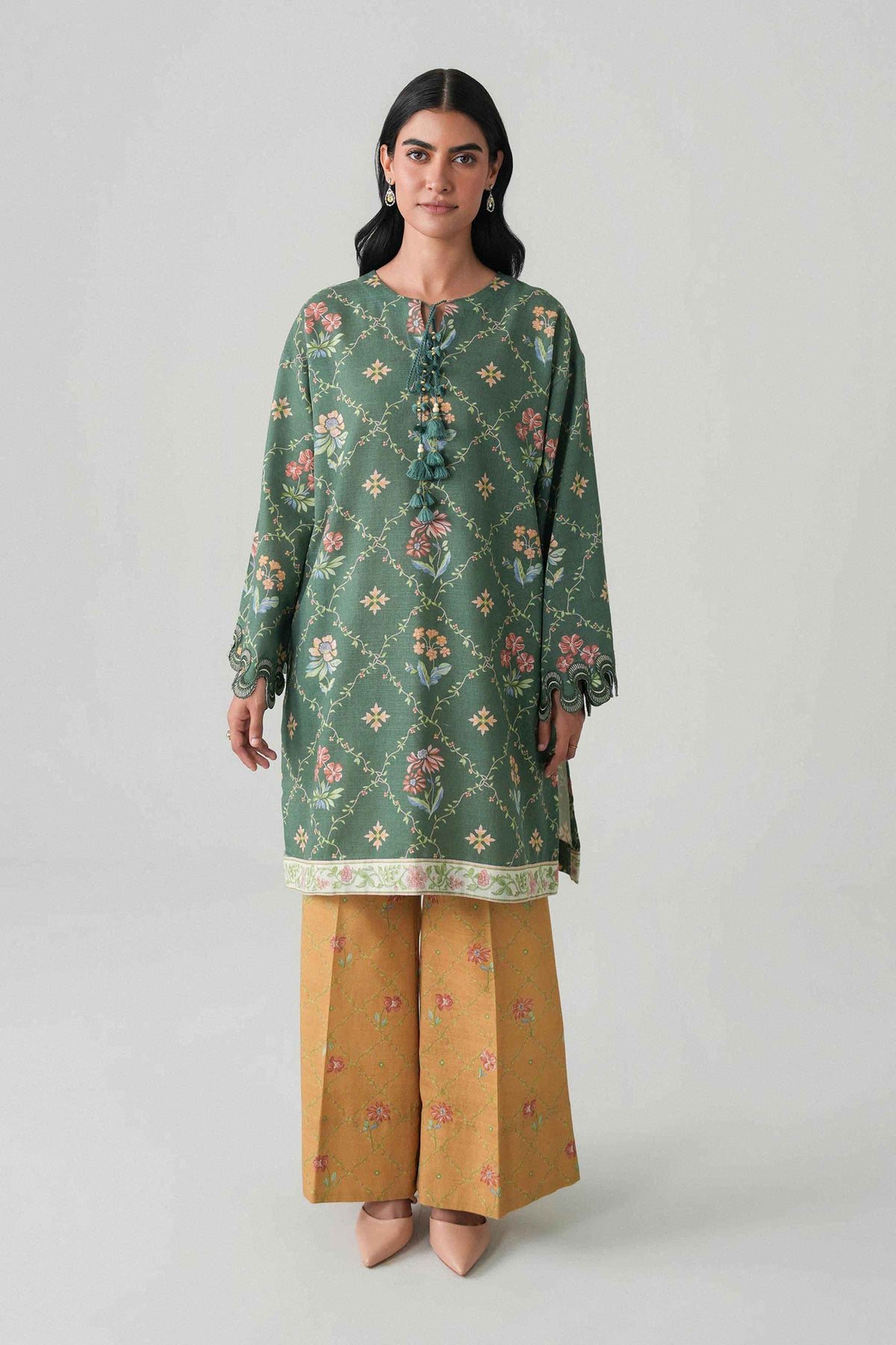 Green 2-Piece Printed Embroidered Suit in Khaddar unstitched