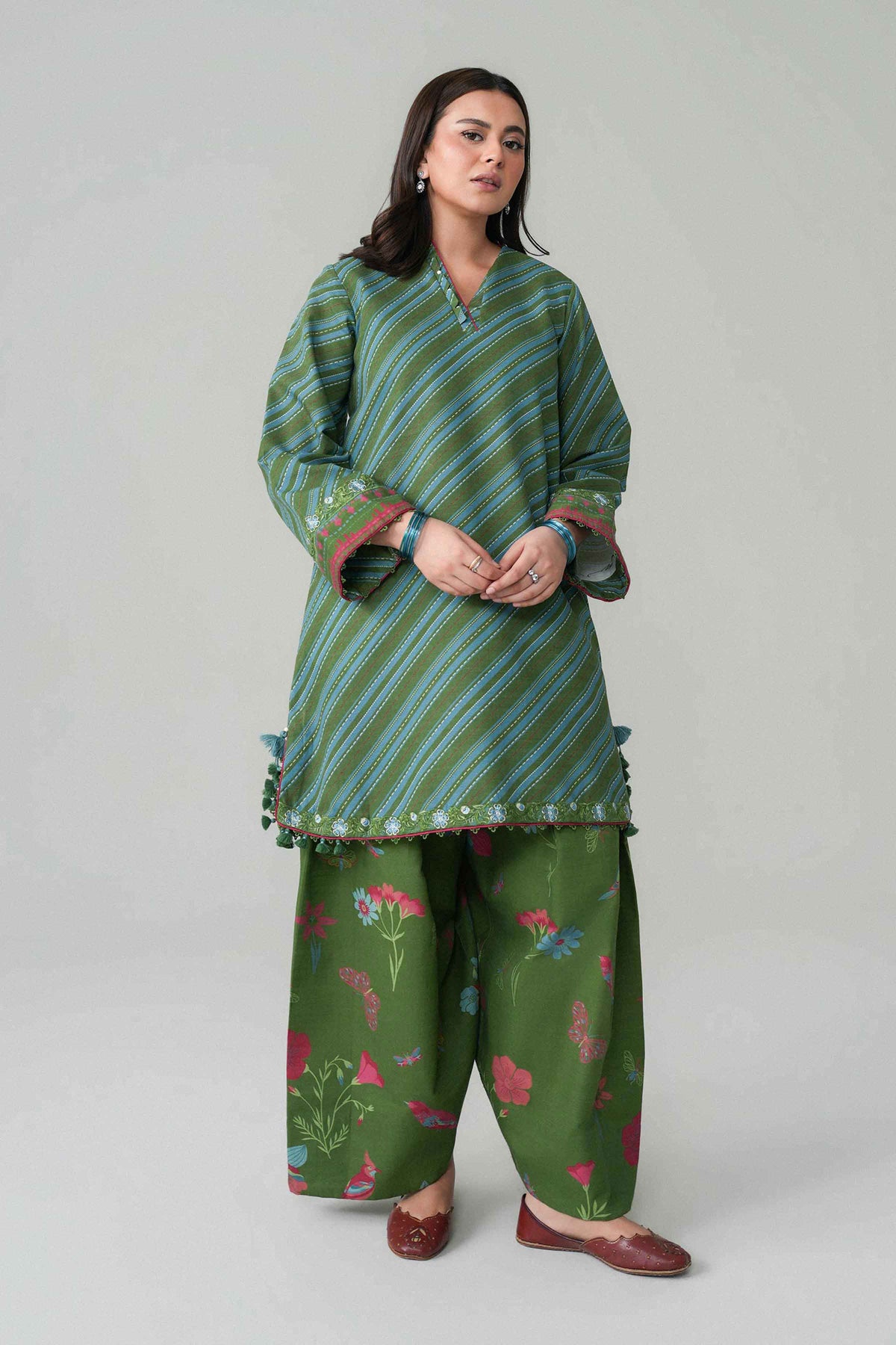 Green 2-Piece Printed Embroidered Suit in Khaddar unstitched