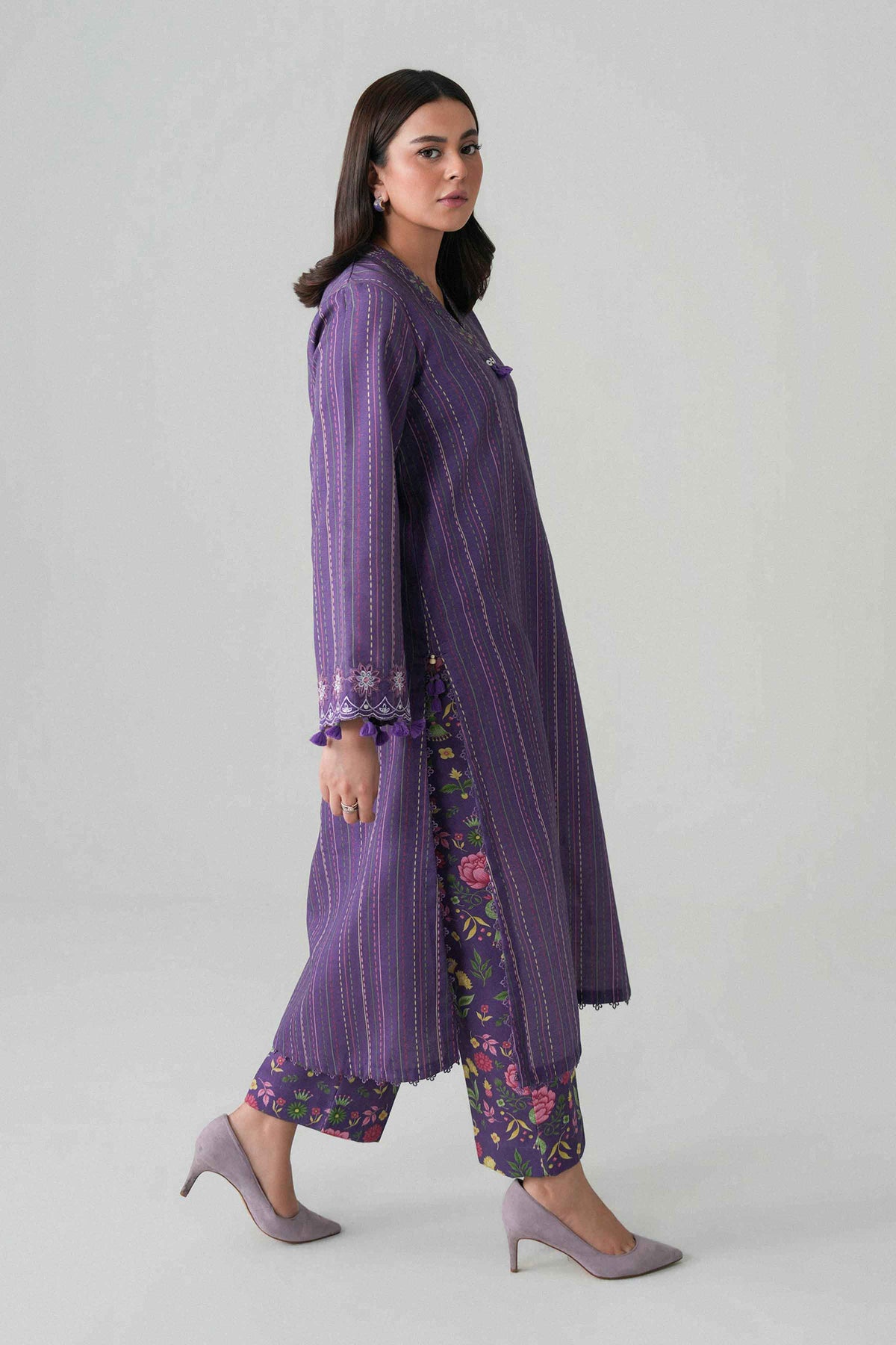 Purple 2-Piece Printed Embroidered Suit in Khaddar unstitched