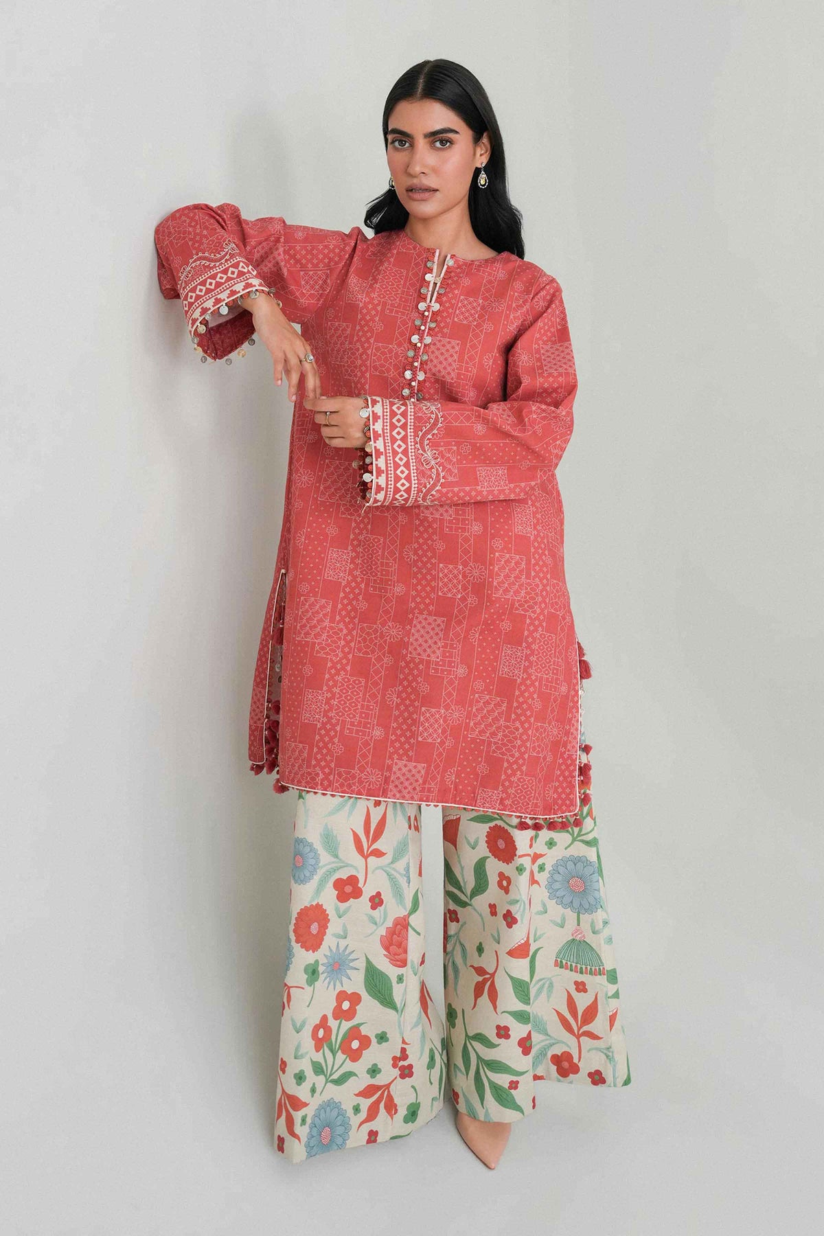 Pink 2-Piece Printed Embroidered Suit in Khaddar unstitched