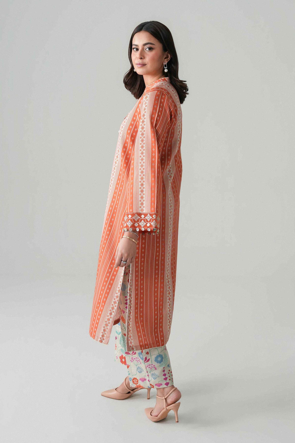Orange 2-Piece Printed Embroidered Suit in Khaddar unstitched