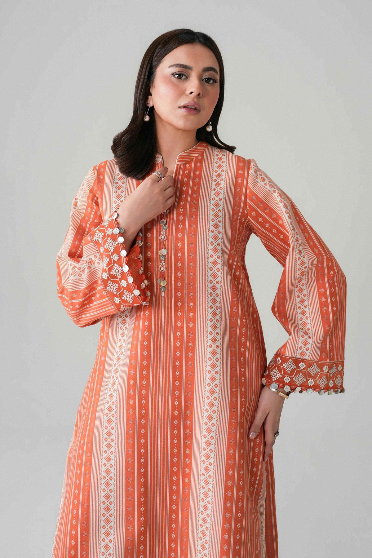 Orange 2-Piece Printed Embroidered Suit in Khaddar unstitched