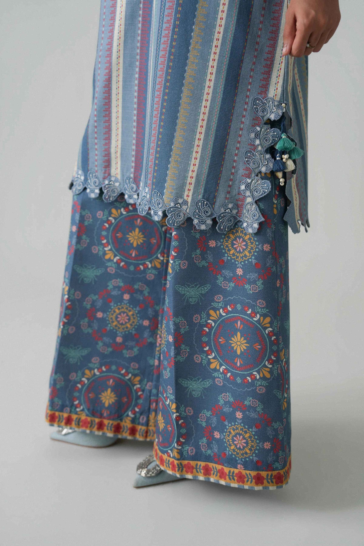 Blue 2-Piece Printed Embroidered Suit in Khaddar unstitched