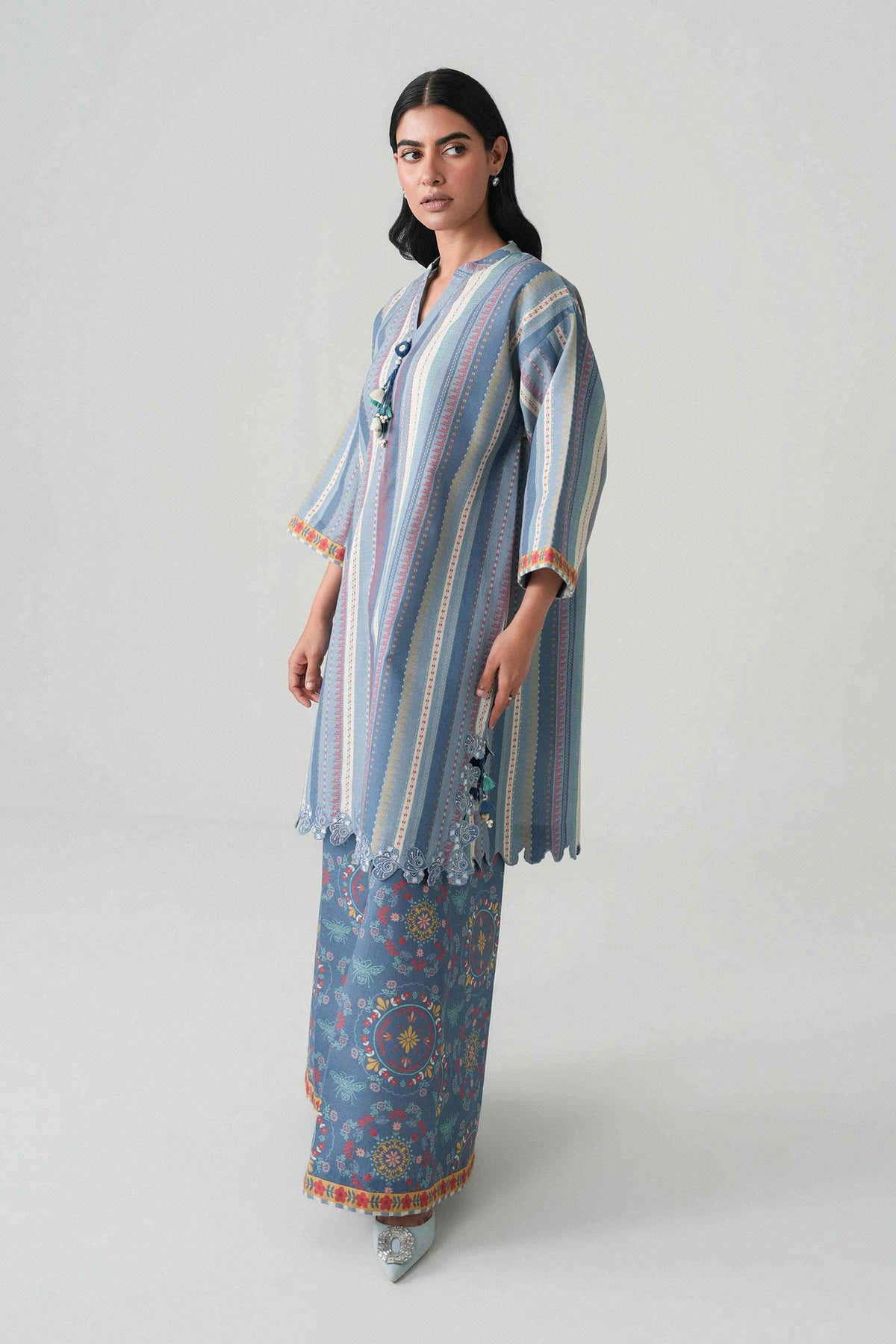Blue 2-Piece Printed Embroidered Suit in Khaddar unstitched