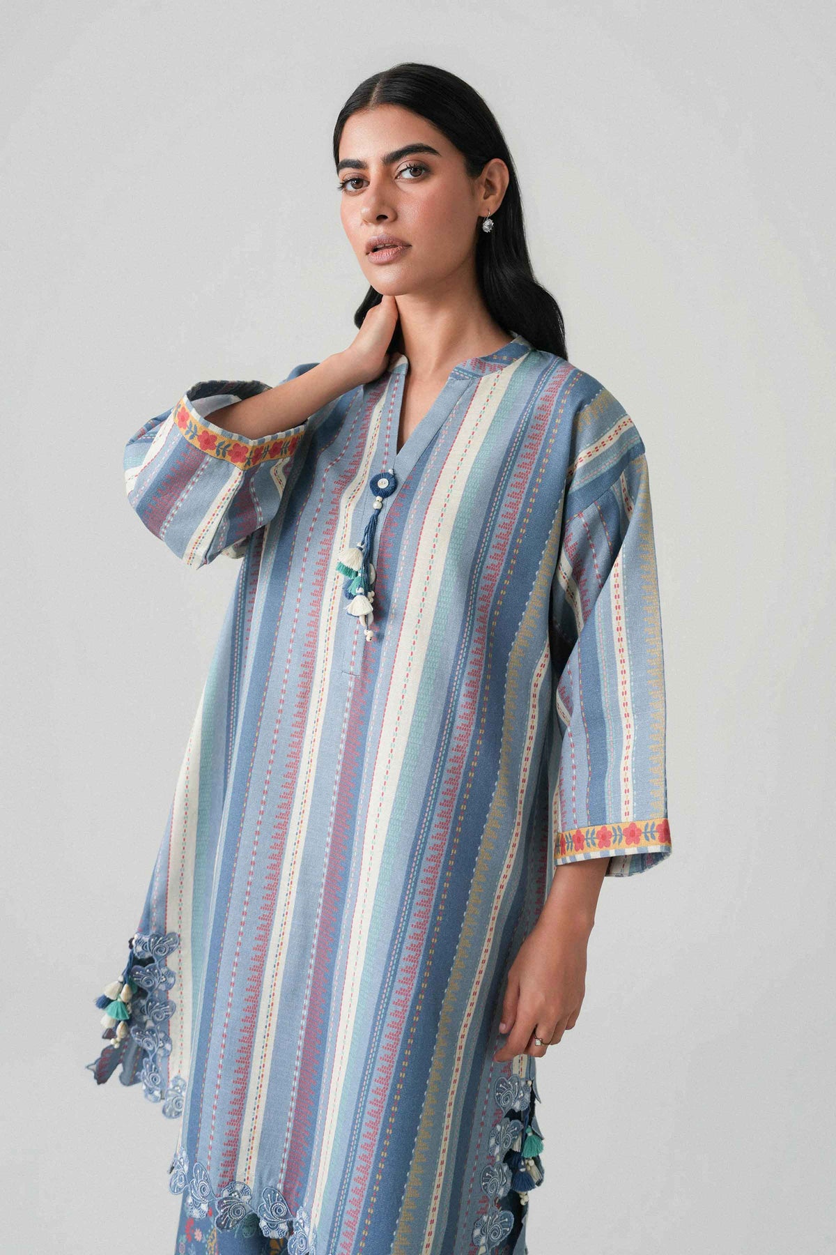 Blue 2-Piece Printed Embroidered Suit in Khaddar unstitched