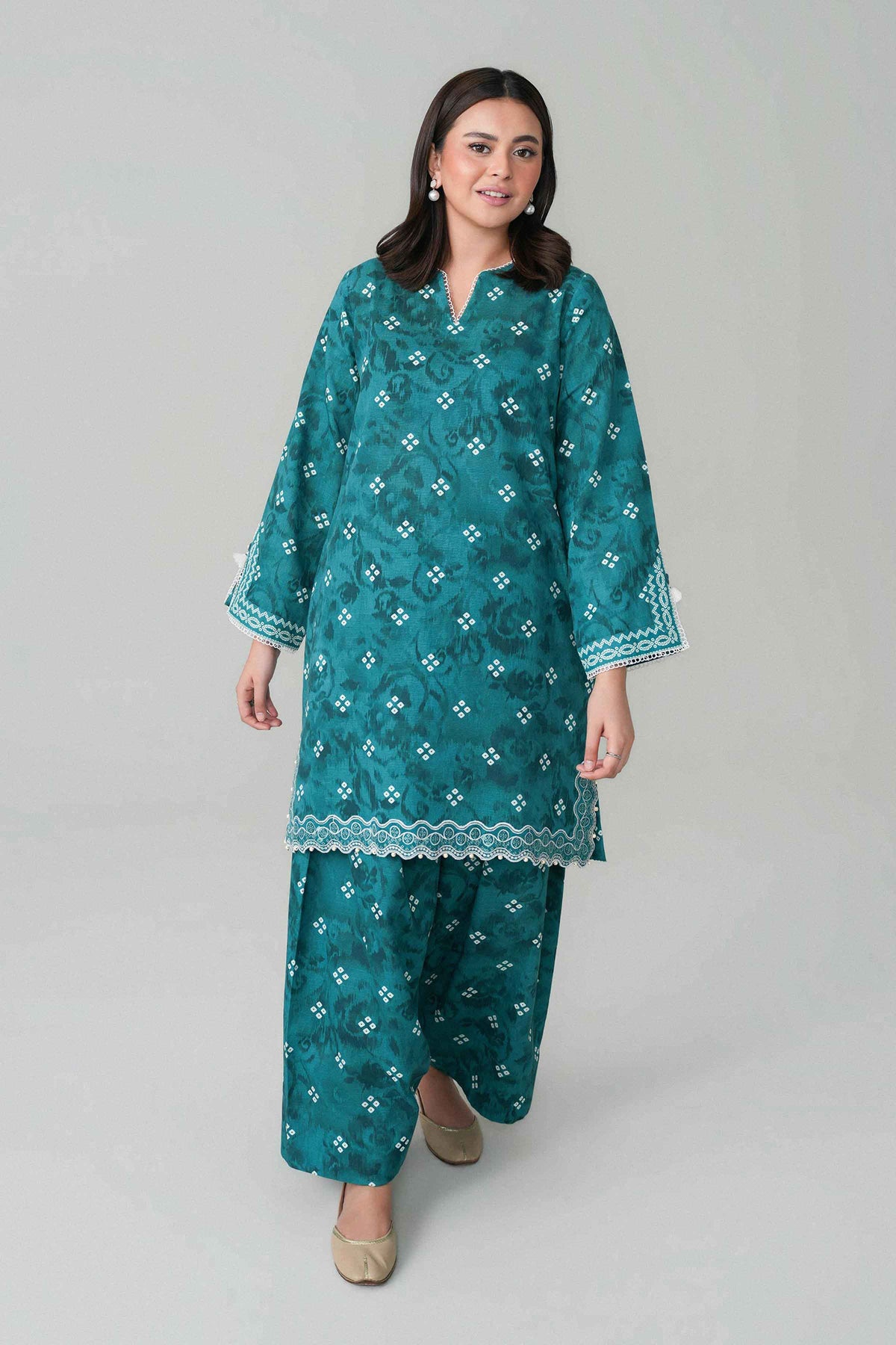 Green 2-Piece Printed Embroidered Suit in Khaddar unstitched