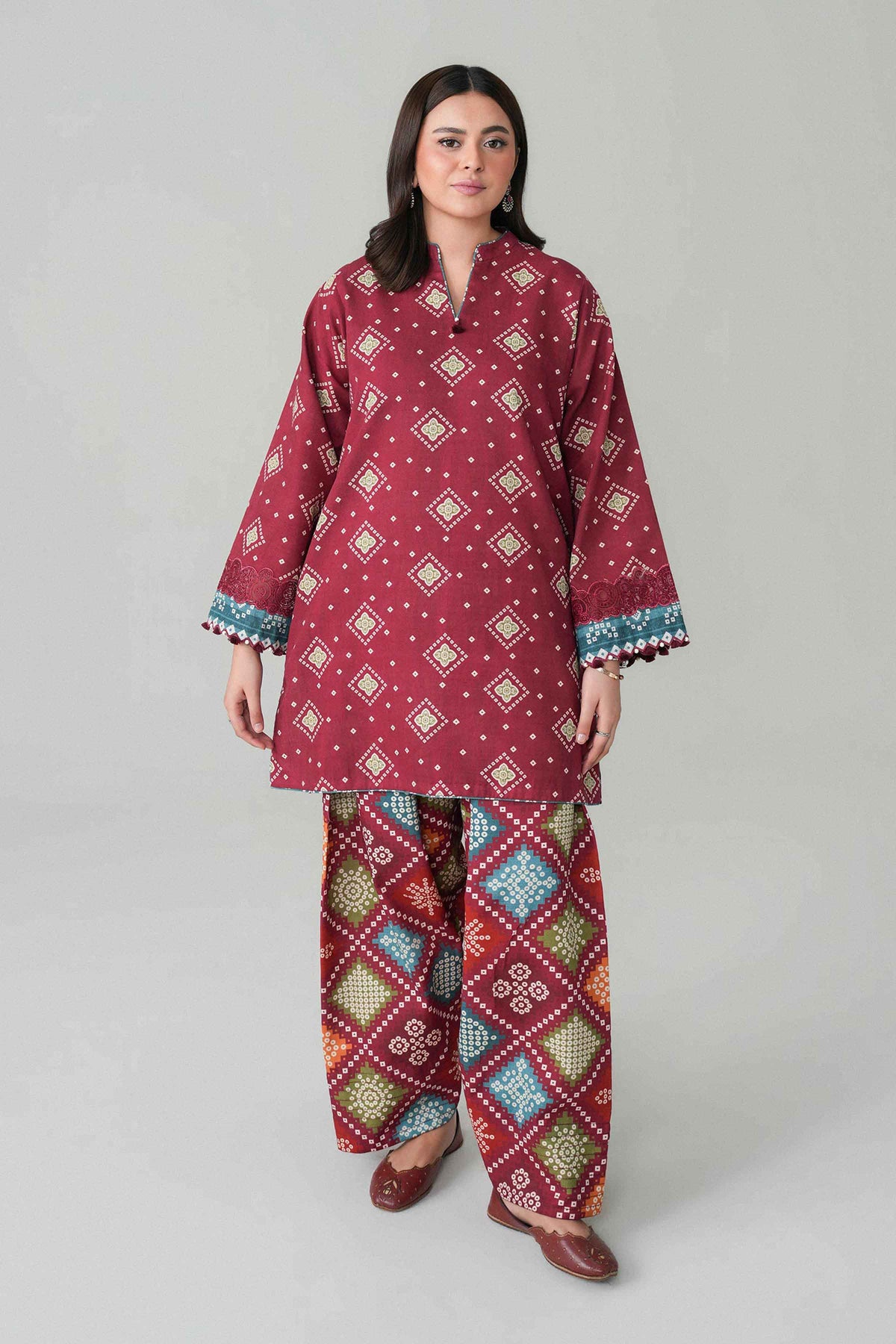 Maroon 2-Piece Printed Embroidered Suit in Khaddar unstitched
