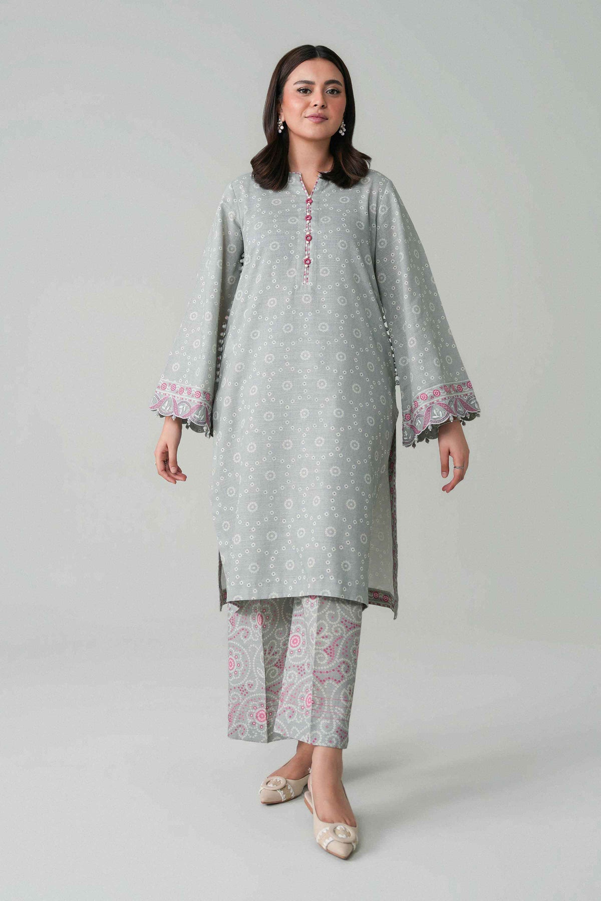 Grey 2-Piece Printed Embroidered Suit in Khaddar unstitched
