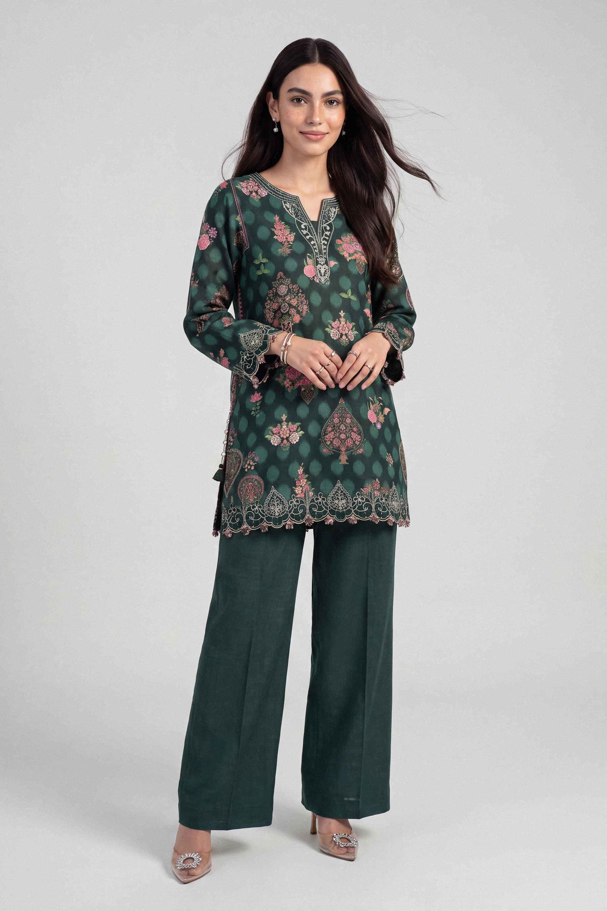 Green 2-Piece Printed Embroidered Suit in Karandi unstitched