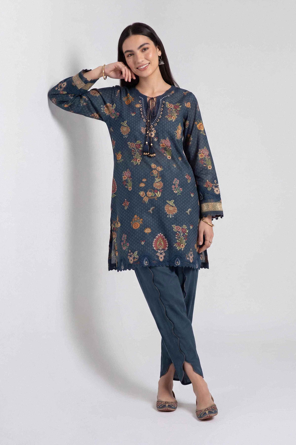 Blue 2-Piece Printed Embroidered Suit in Karandi unstitched