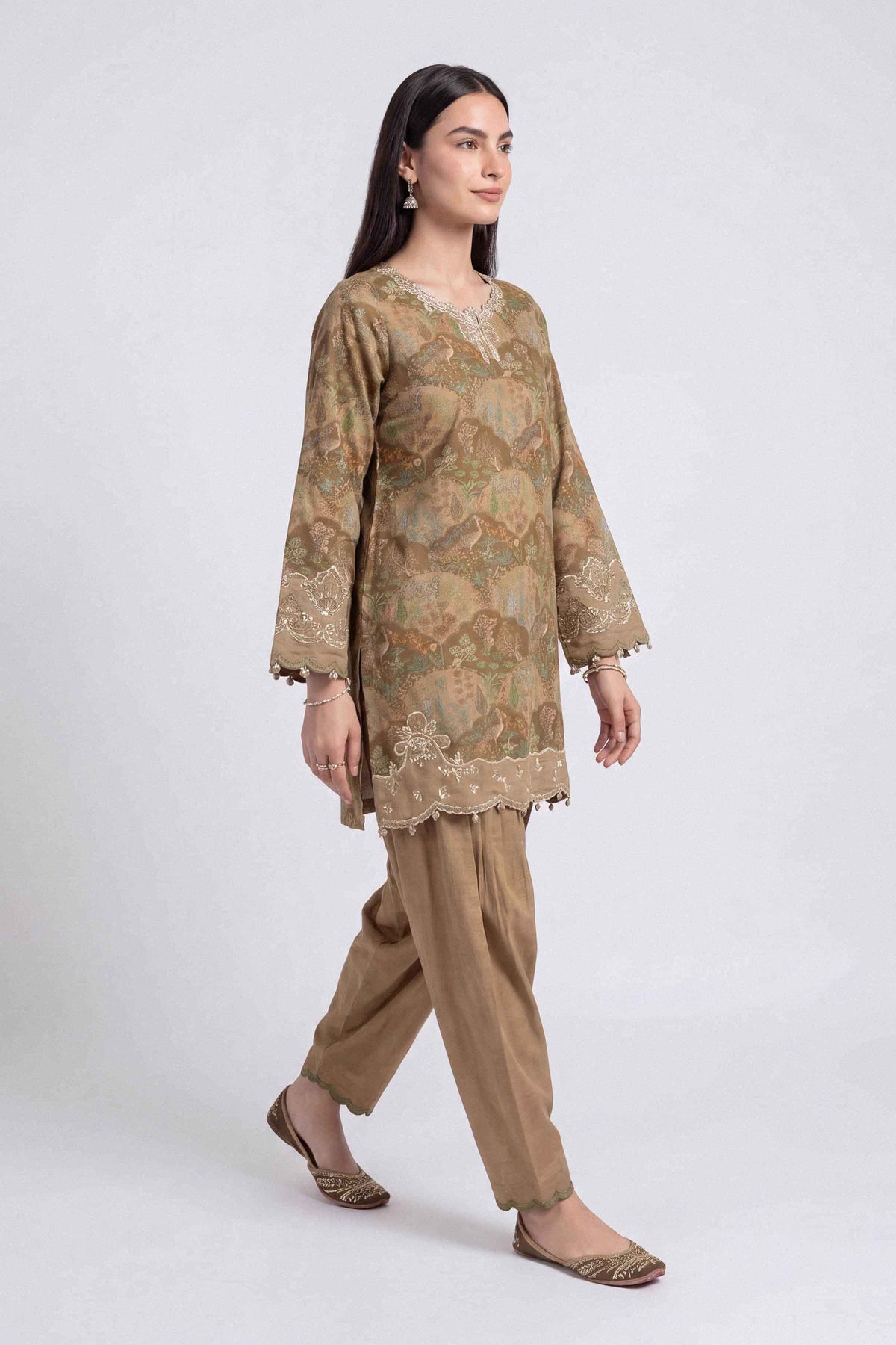 Brown 2-Piece Printed Embroidered Suit in Karandi unstitched