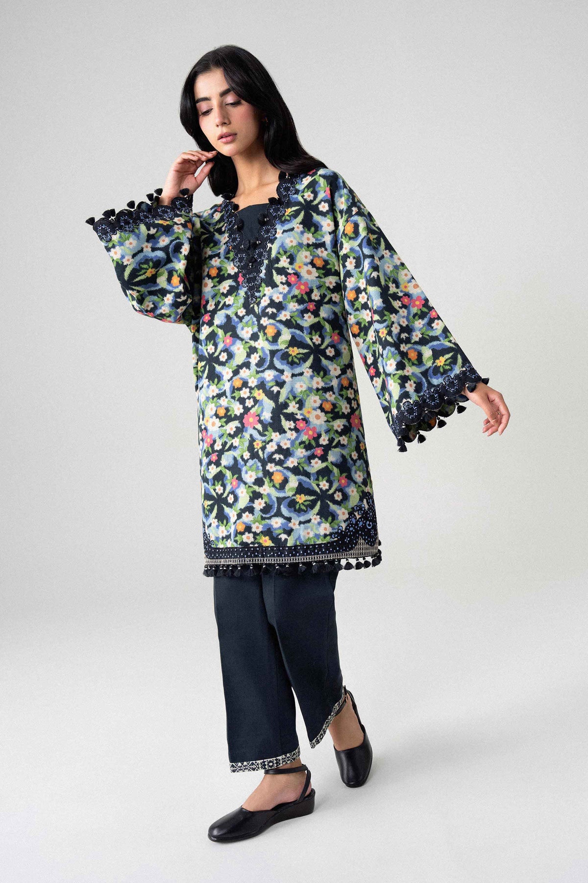 Multi 2-Piece Printed Embroidered Suit in Karandi unstitched