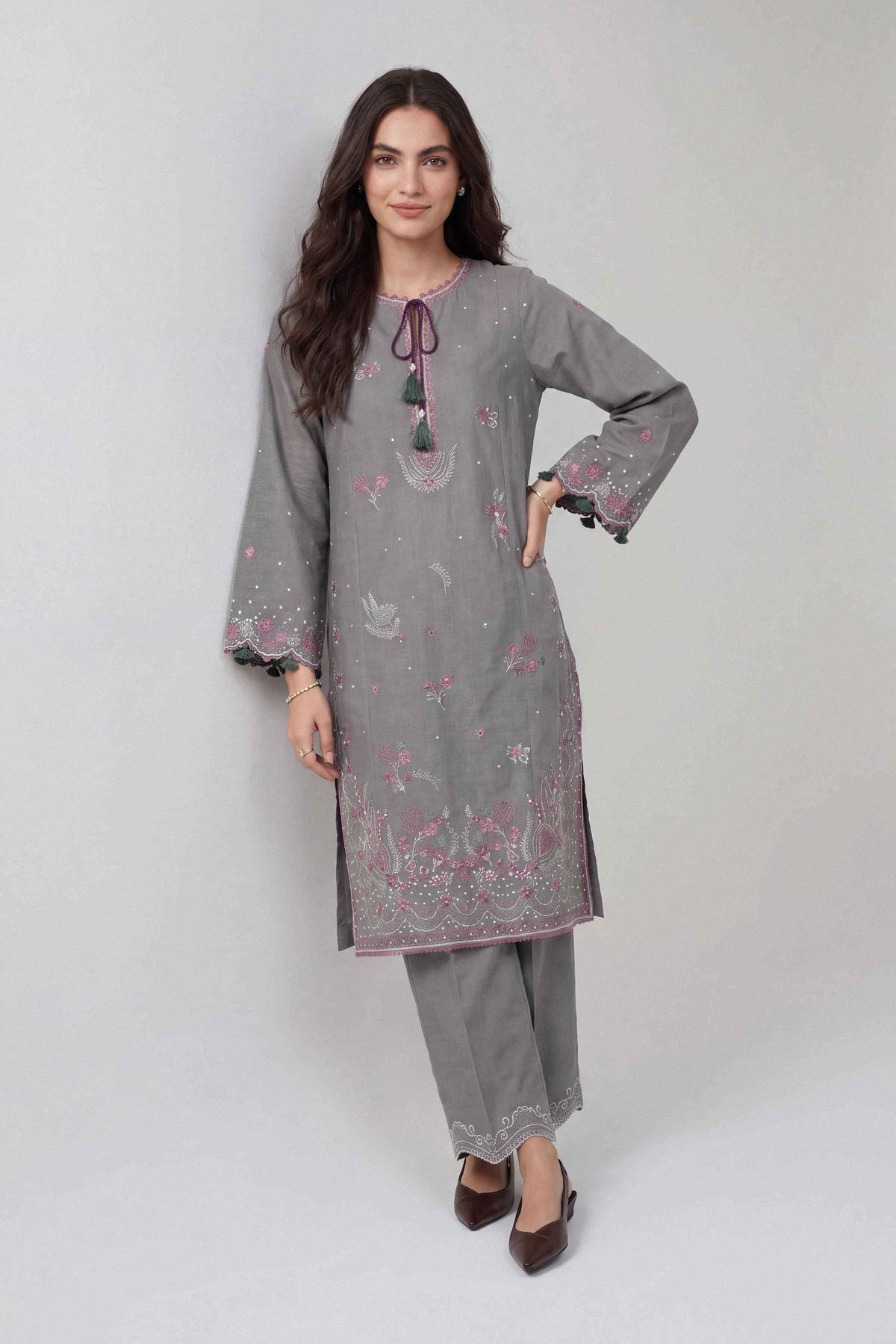 Grey 2-Piece Embroidered Suit in Cotton unstitched