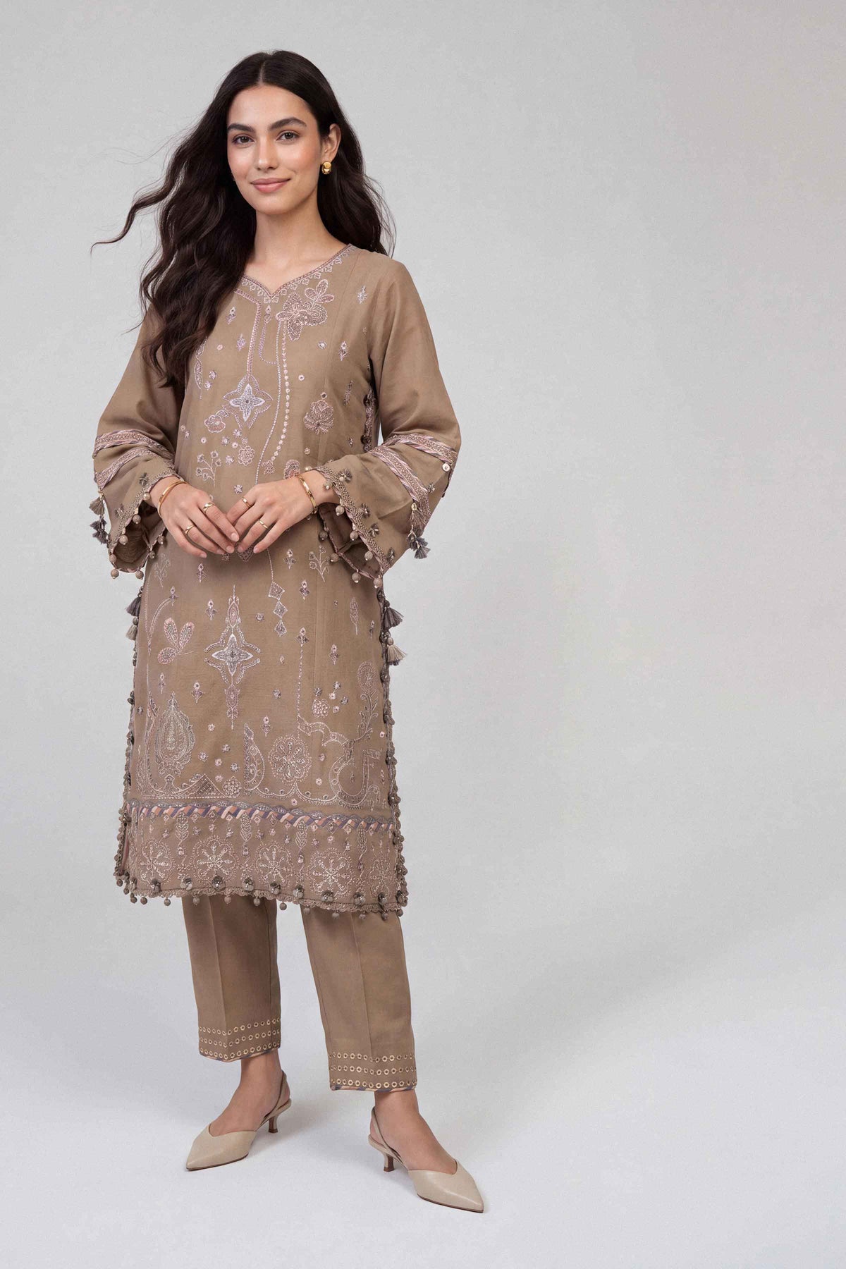 Beige 2-Piece Embroidered Suit in Cotton unstitched