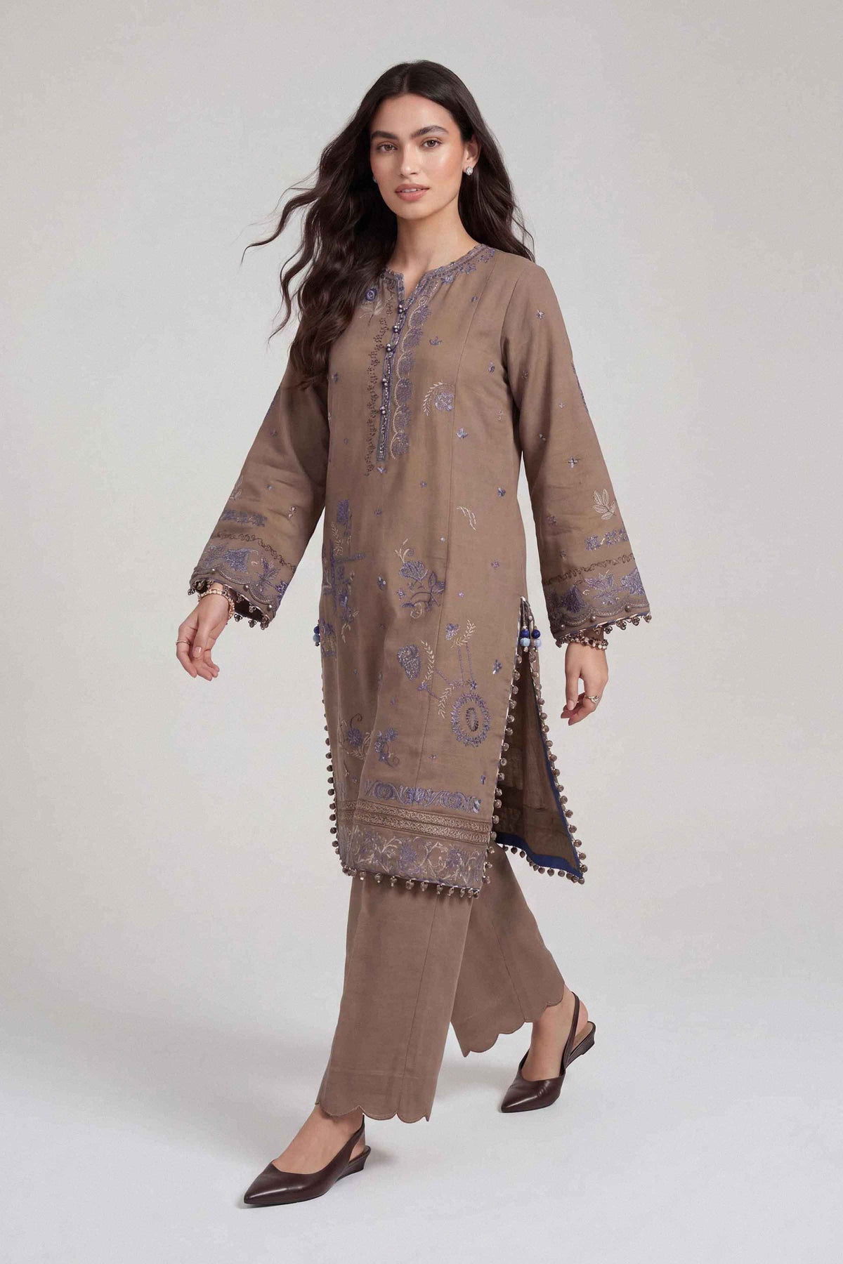Brown 2-Piece Embroidered Suit in Cotton unstitched