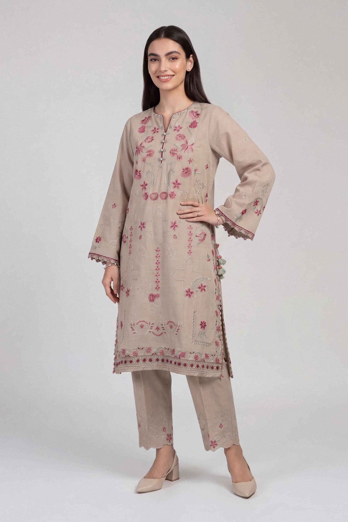 Beige 2-Piece Embroidered Suit in Cotton unstitched