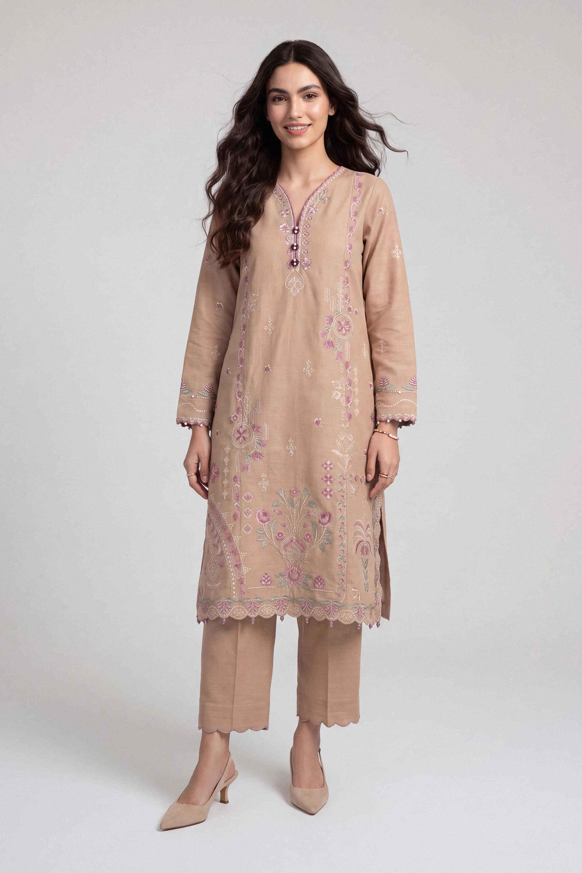 Beige 2-Piece Embroidered Suit in Cotton unstitched