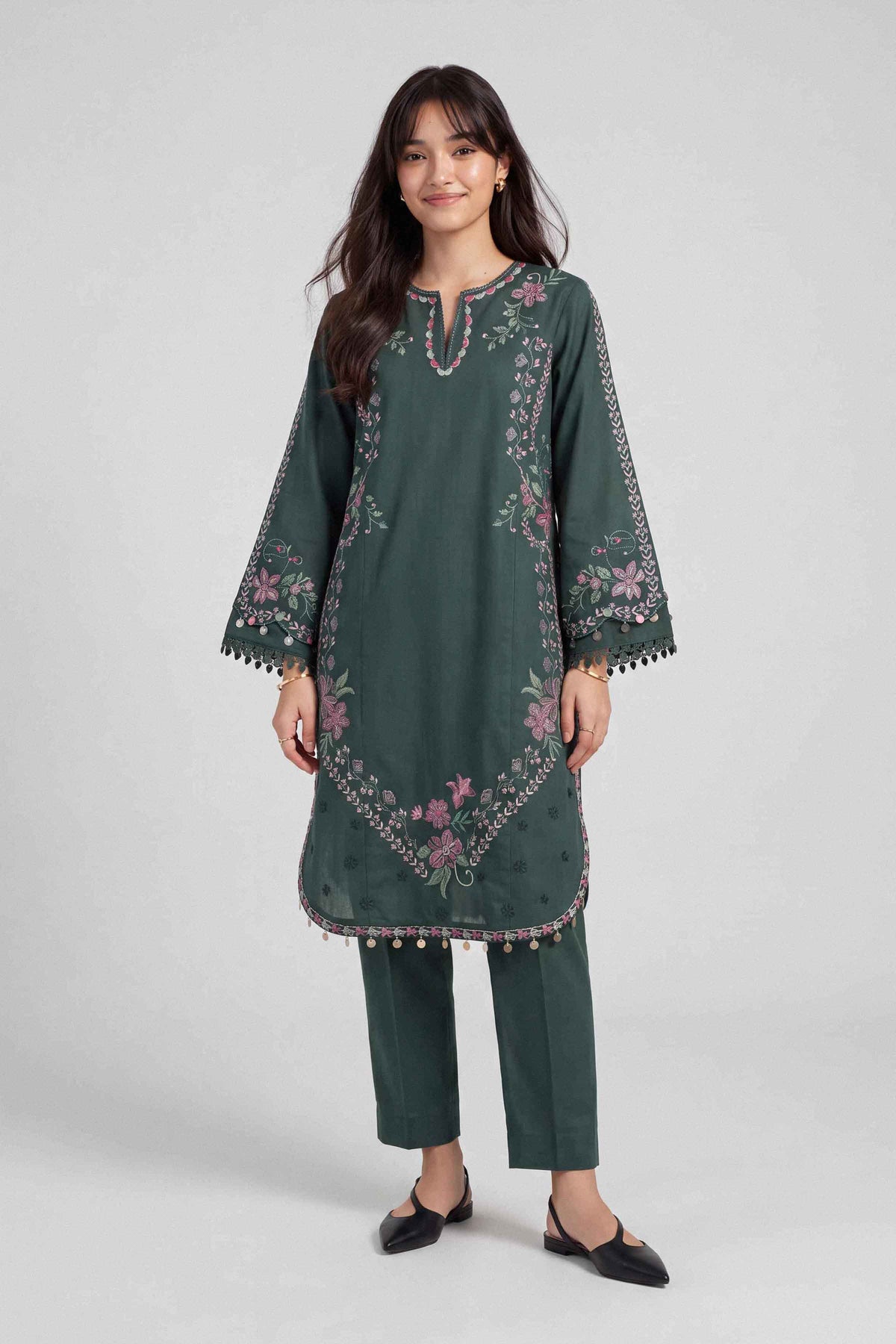 Green 2-Piece Embroidered Suit in Cross Hatch unstitched
