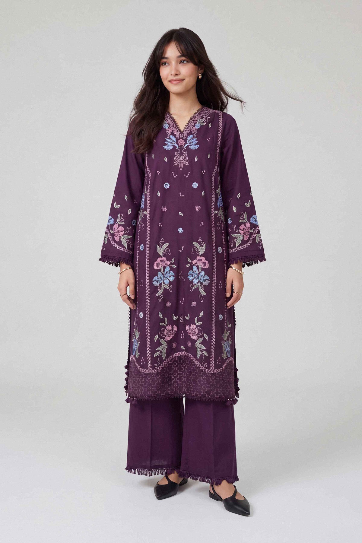 Purple 2-Piece Embroidered Suit in Cross Hatch unstitched