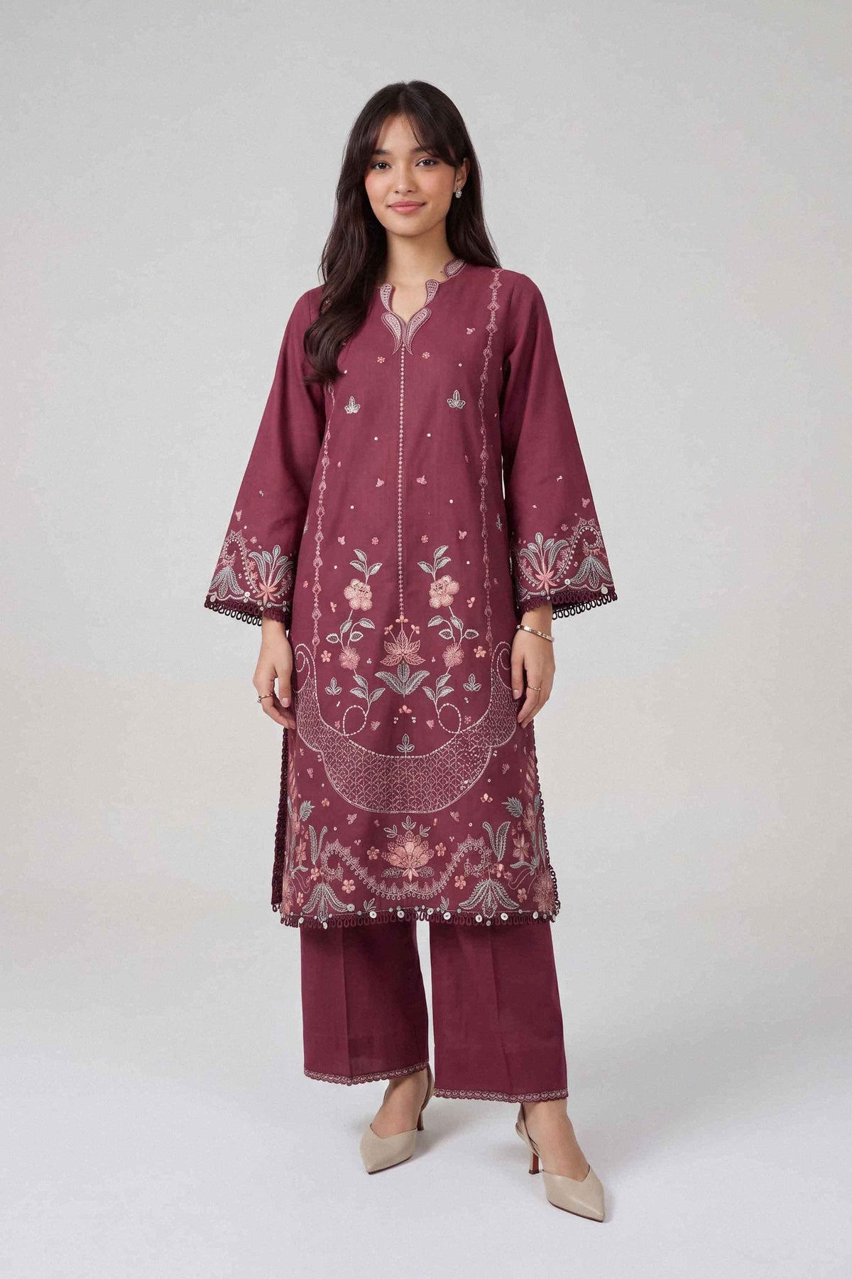 Maroon 2-Piece Embroidered Suit in Cross Hatch unstitched
