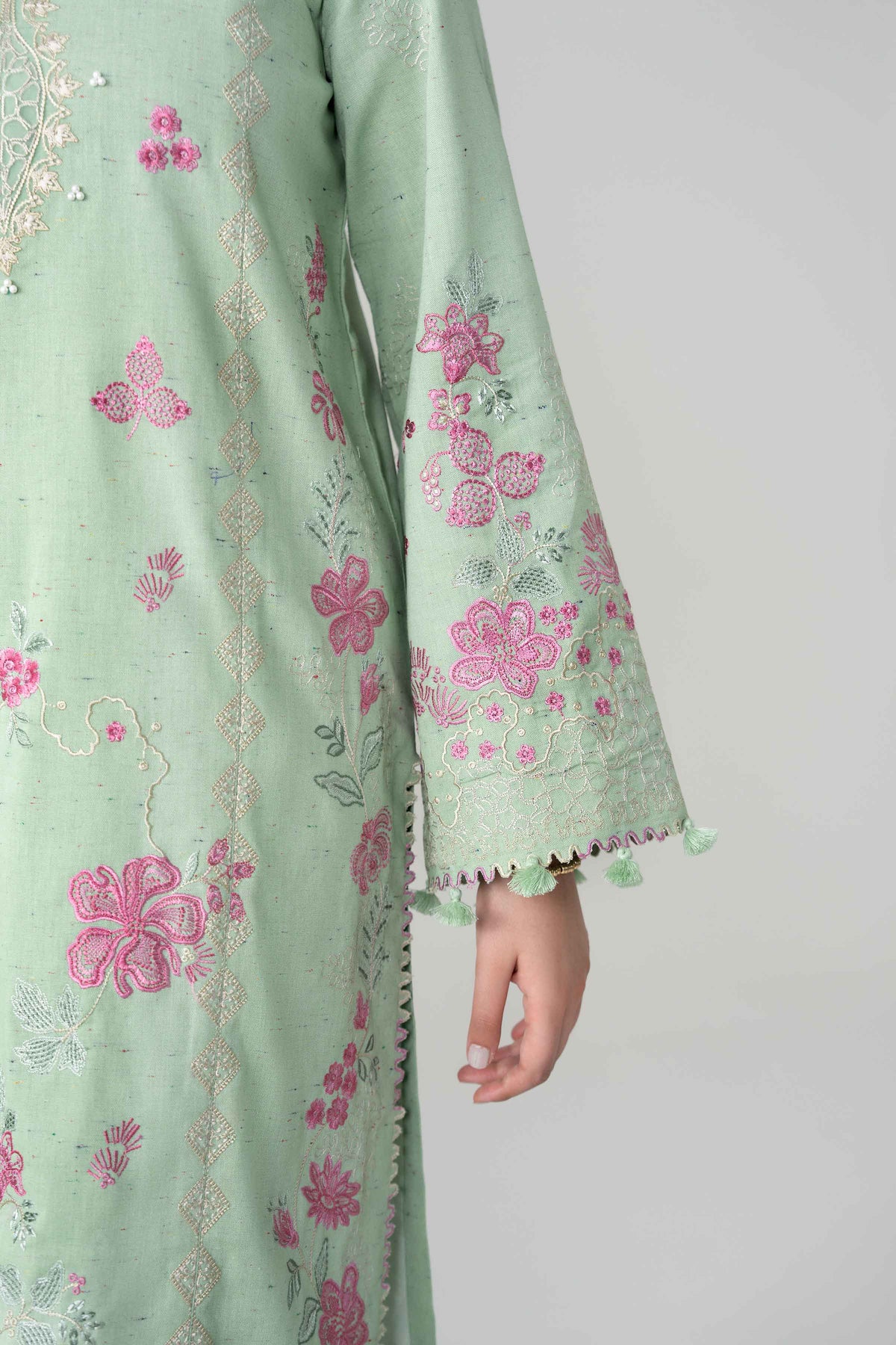 Green 2-Piece Embroidered Suit in Multi Neps unstitched