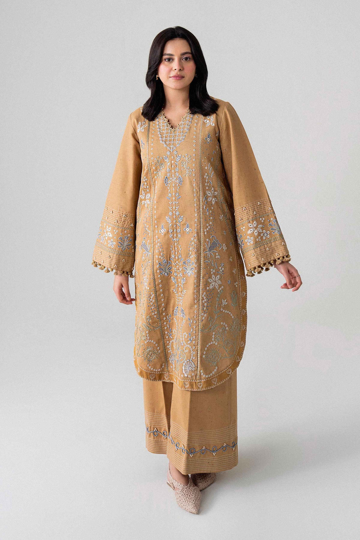 Beige 2-Piece Embroidered Suit in Multi Neps unstitched